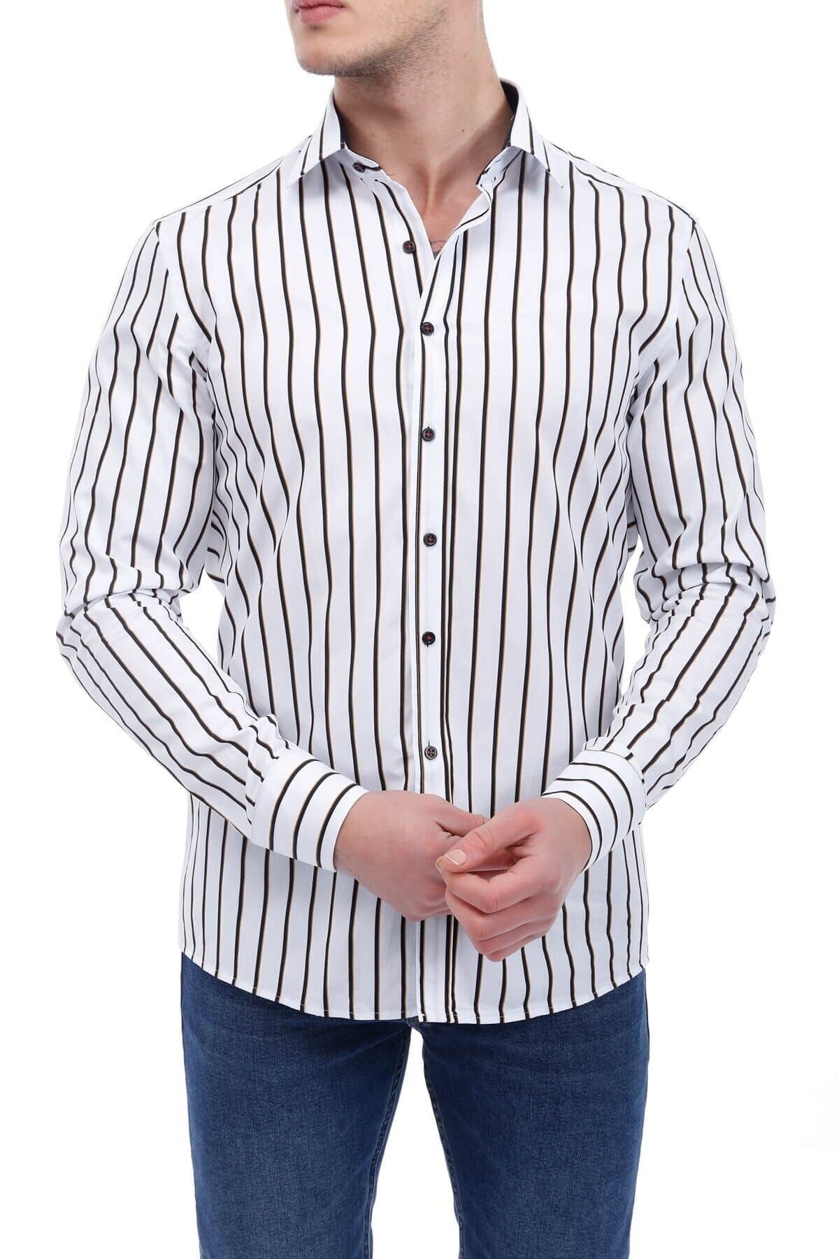 Çizgi Baskılı Beyaz Slim Fit Gömlek