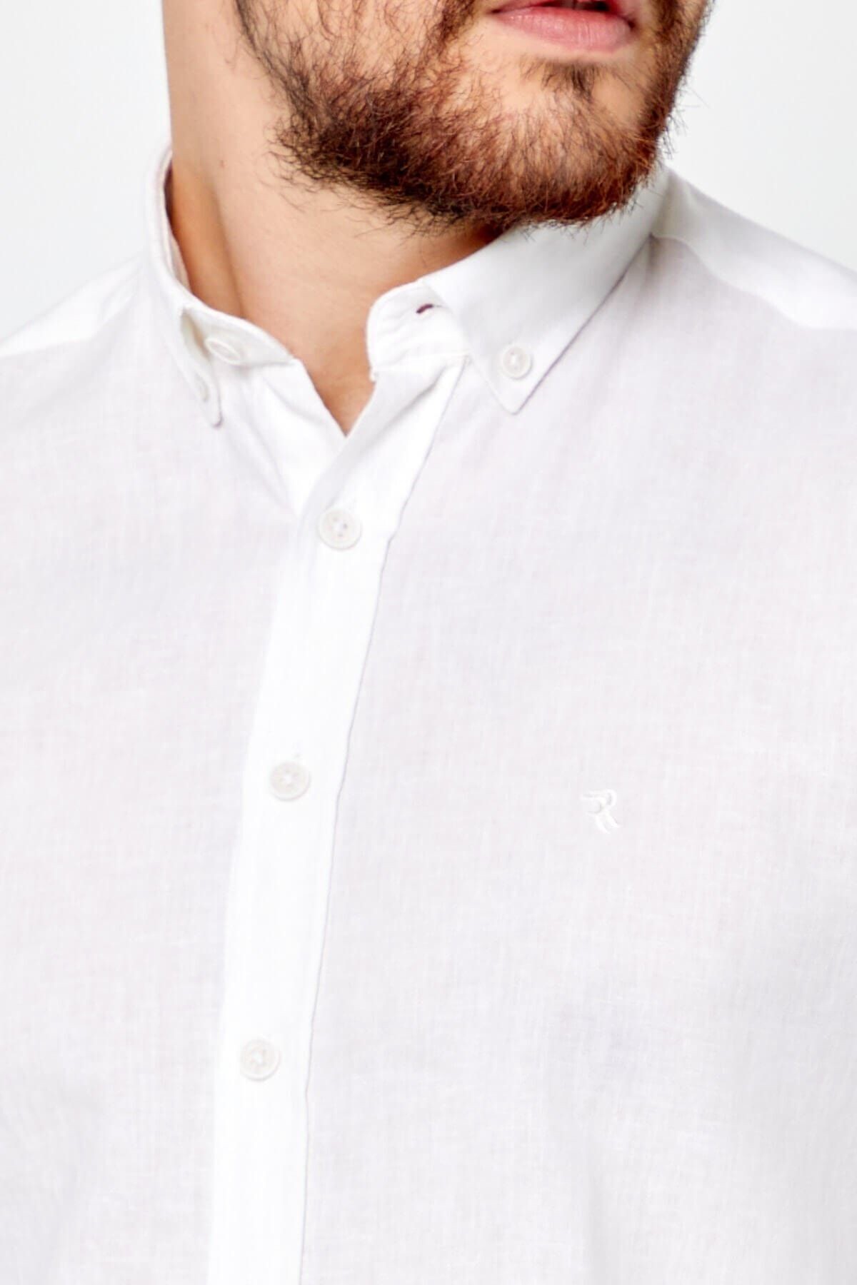 Kırık Beyaz Slim Fit Uzun Kol Keten Gömlek