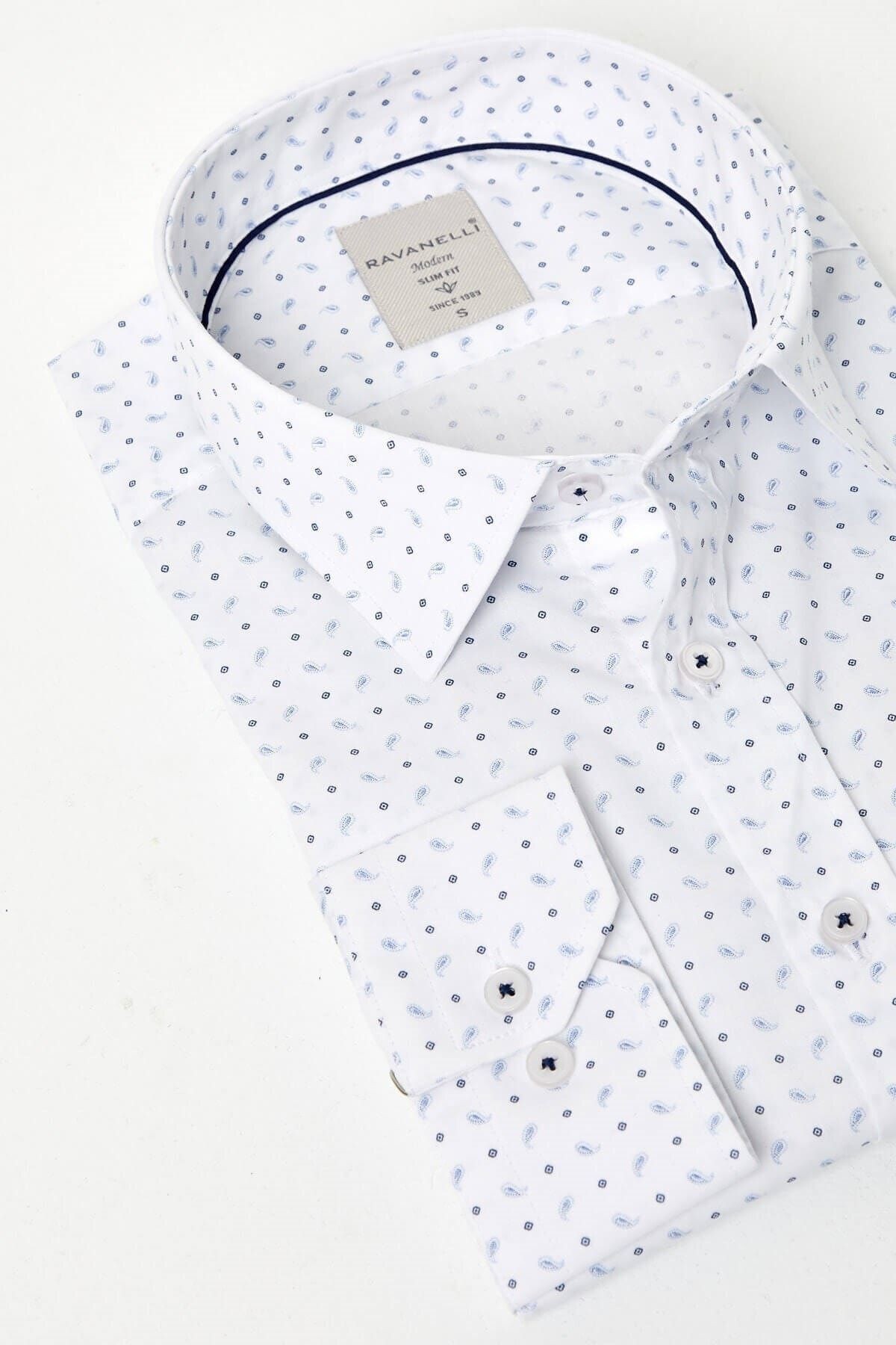 Mavi Baskılı Beyaz Slim Fit Uzun Kol Gömlek