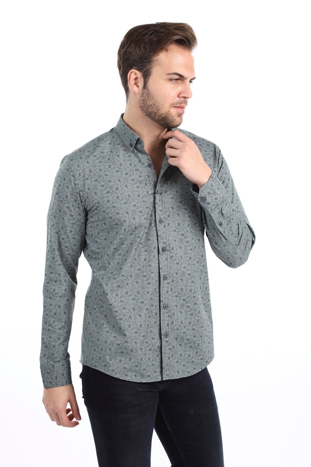 Baskılı Yeşil Slim Fit Likralı Gömlek