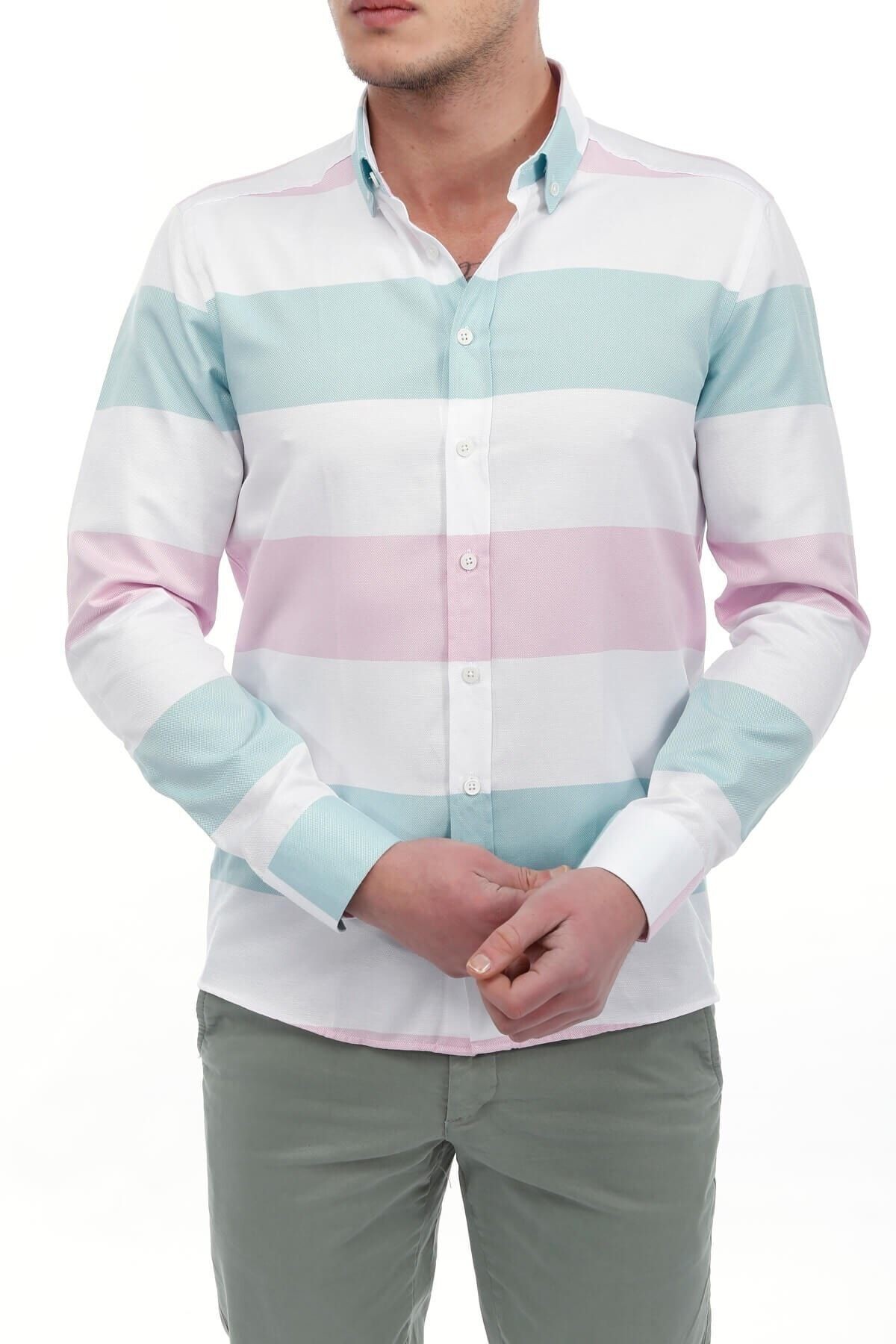 Pembe Beyaz Panolo Slim Fit Gömlek