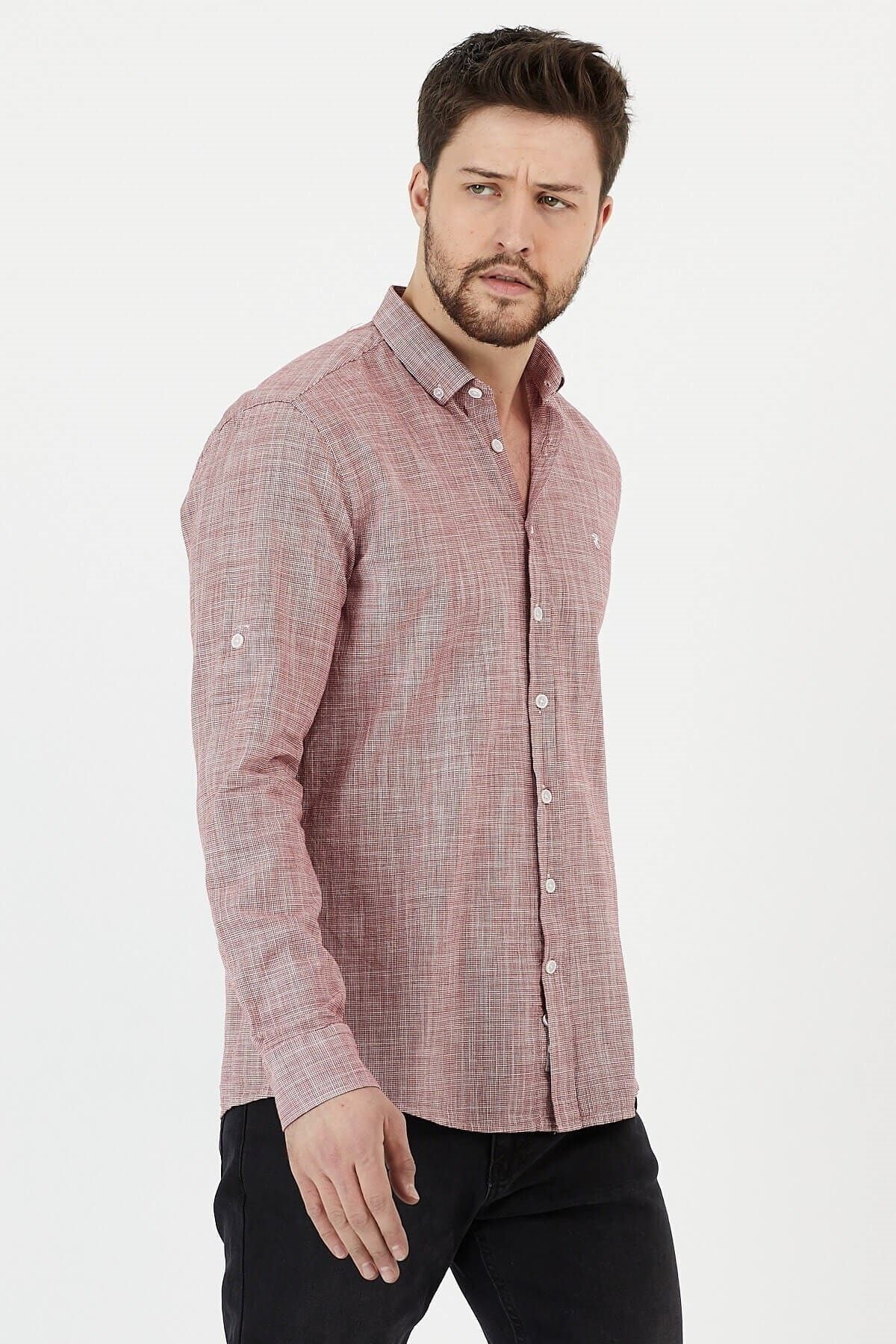 Bordo %100 Pamuk Slim Fit Uzun Kol Keten Gömlek