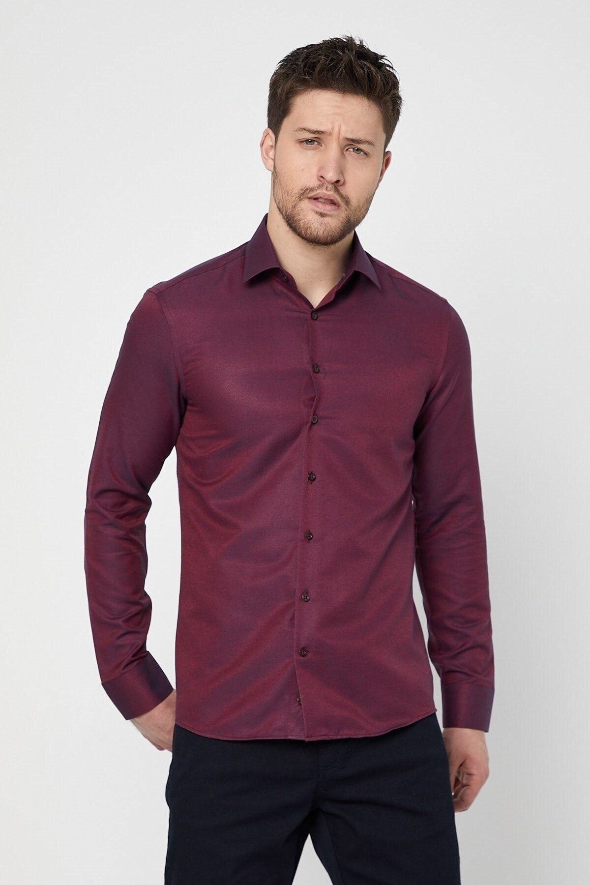 Bordo Slim Fit Uzun Kol Gömlek