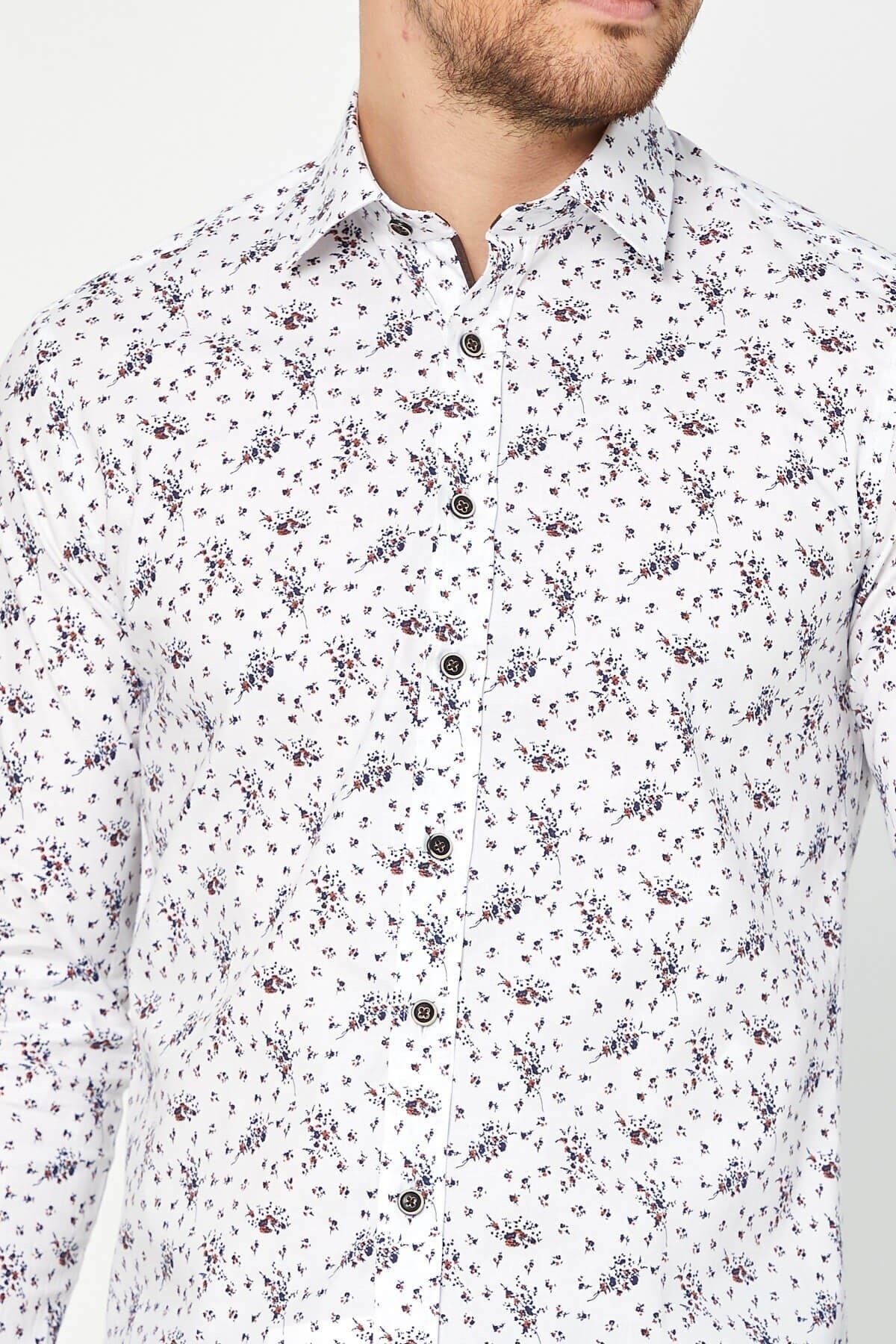 Lacivert Baskılı Beyaz Slim Fit Uzun Kol Gömlek