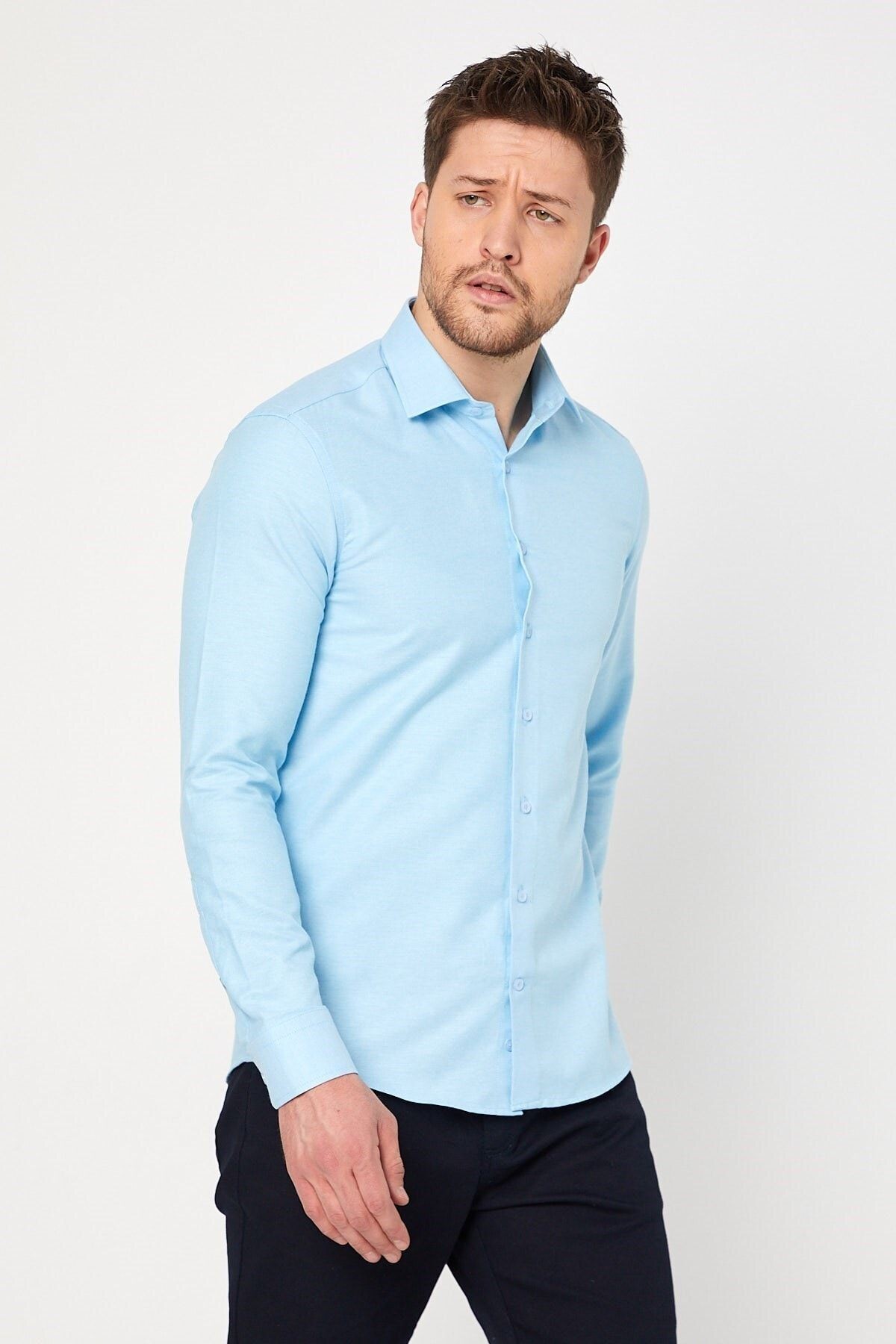 Turkuaz Slim Fit Uzun Kol Gömlek