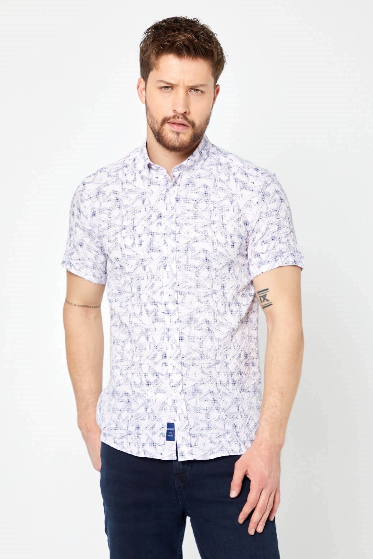 Gofre Baskılı Pembe Slim Fit Kısa Kol Gömlek