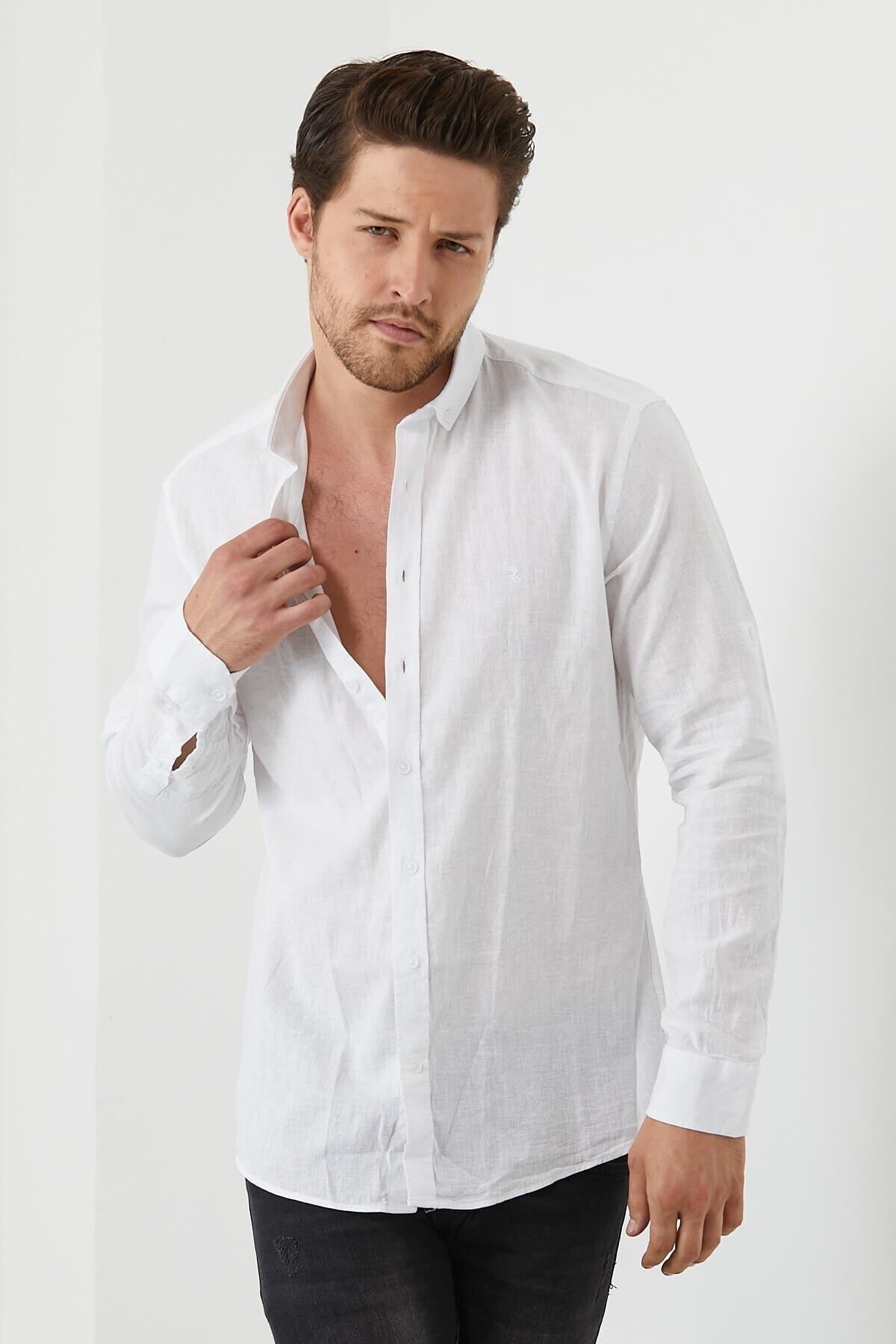 Beyaz Slim Fit Uzun Kol Keten Gömlek