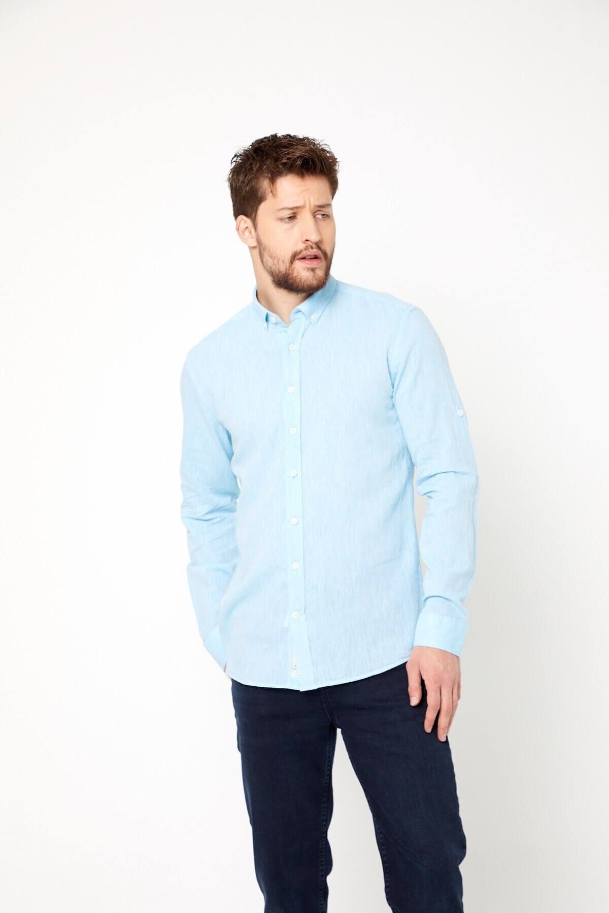 Turkuaz Slim Fit Uzun Kol Keten Gömlek