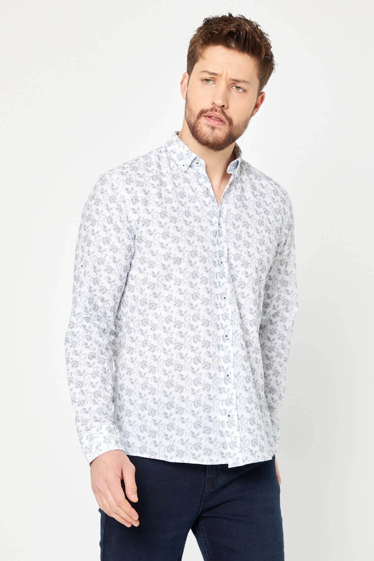 %100 Pamuk Keten Lacivert Baskılı Slim Fit Uzun Kol Keten Gömlek