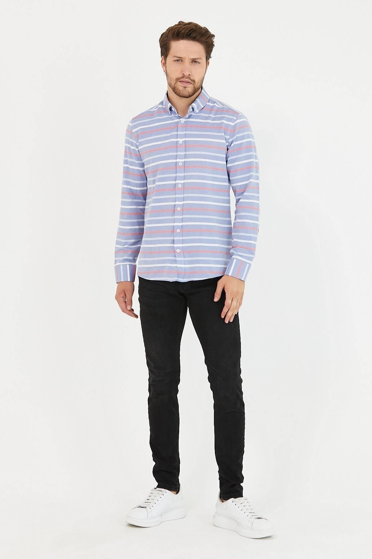Erkek Mavi Bordo Çizgili Panolu Mavi Dar Kesim Slim Fit Uzun Kol Gömlek