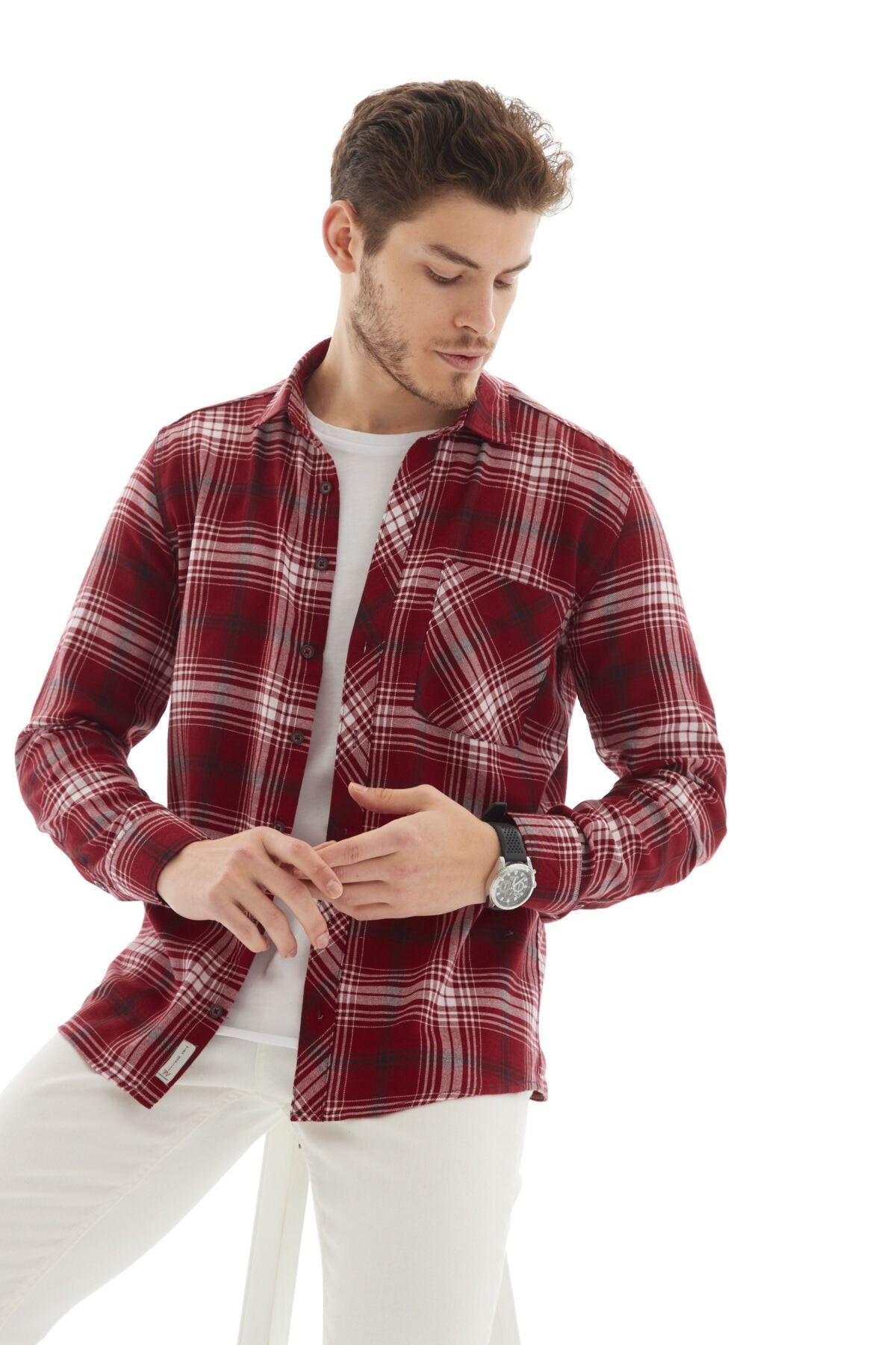 Vessmen Bordo Kareli Slimfit Hediye KutulU Pamuk Uzun Kol Erkek Gömlek