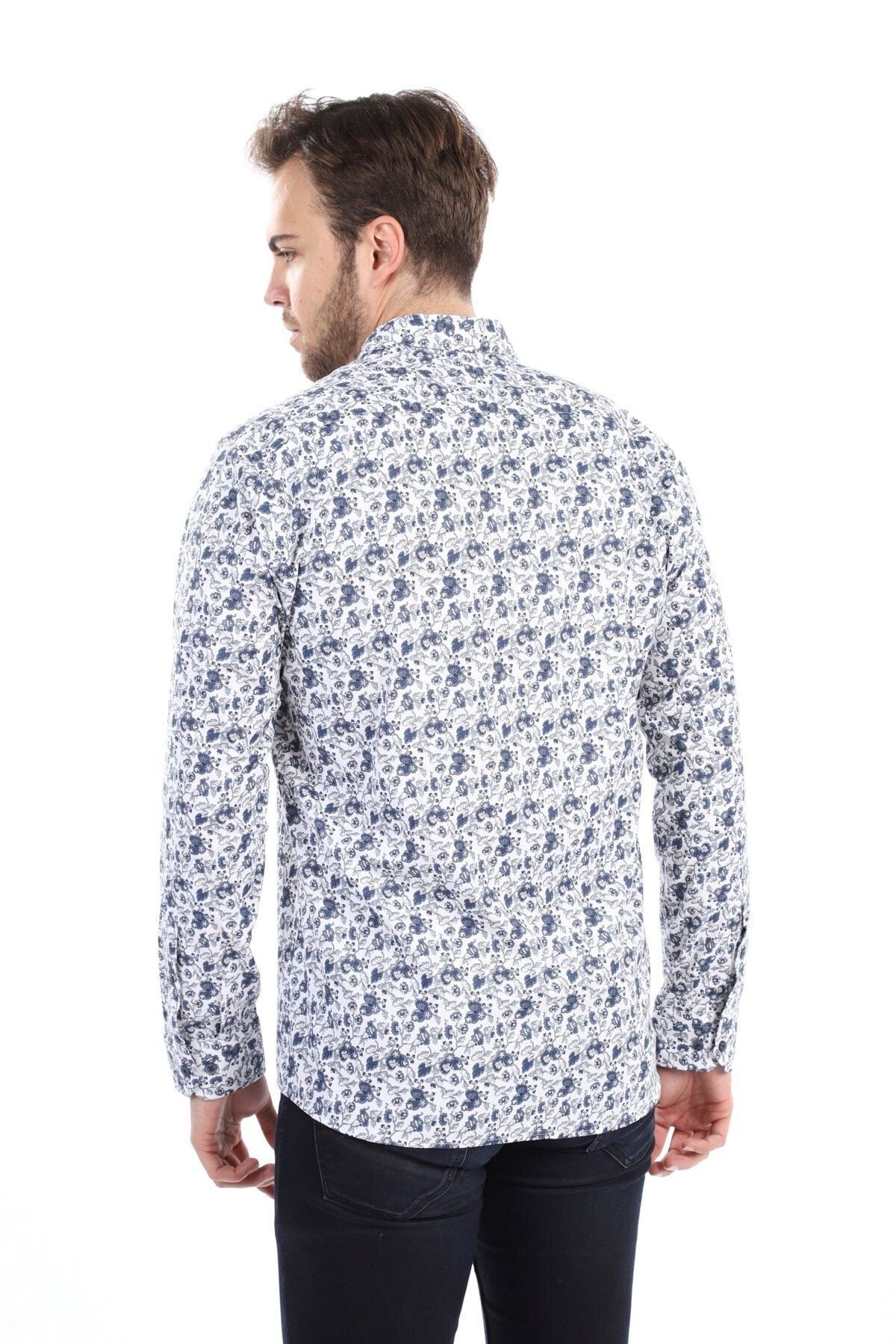 Baskılı Beyaz Slim Fit Likralı Gömlek