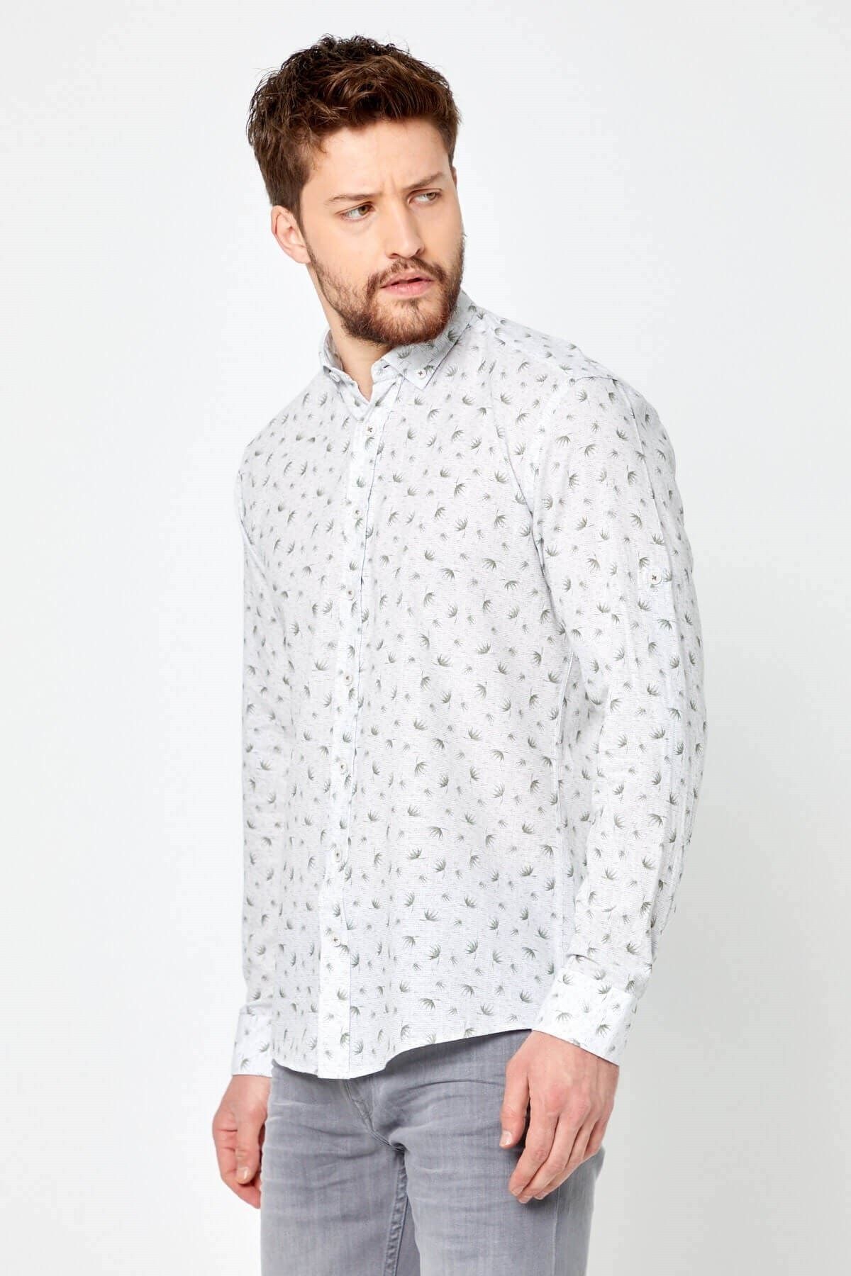 %100 Pamuk Keten Yeşil Baskılı Slim Fit Uzun Kol Keten Gömlek