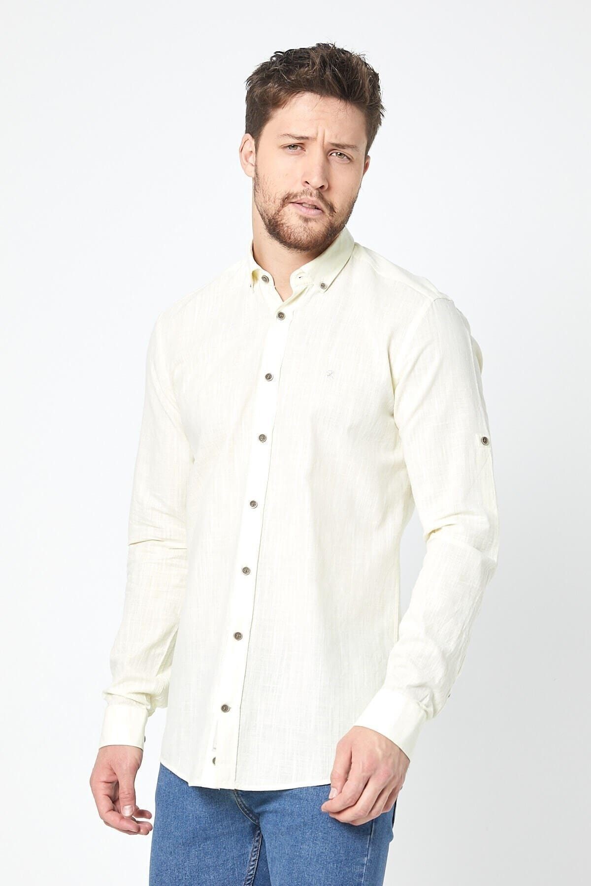 Keten Sarı Slim Fit Uzun Kol Gömlek