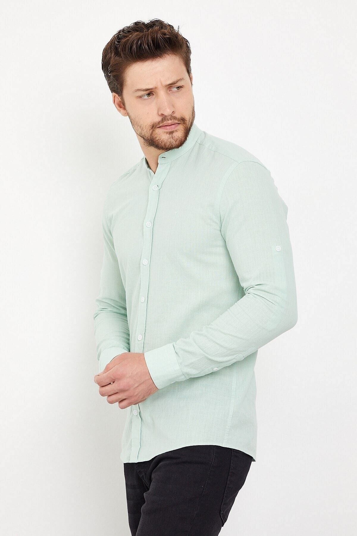 Pamuk Keten Hakim Yaka Açık Yeşil Slim Fit Uzun Kol Gömlek