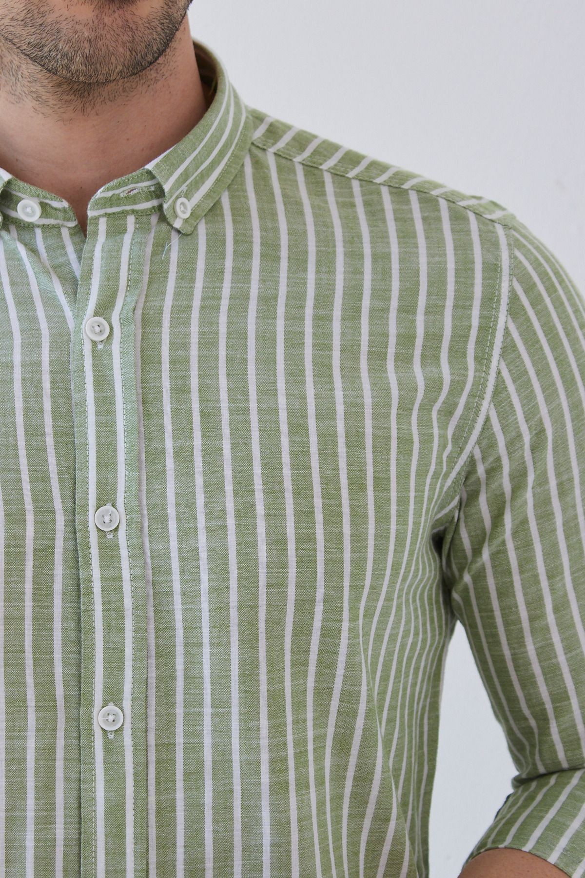 Erkek Uzun Kol Yaka Düğmeli Modern Slim Fit Dar Kesim Çizgili Pamuklu Gömlek