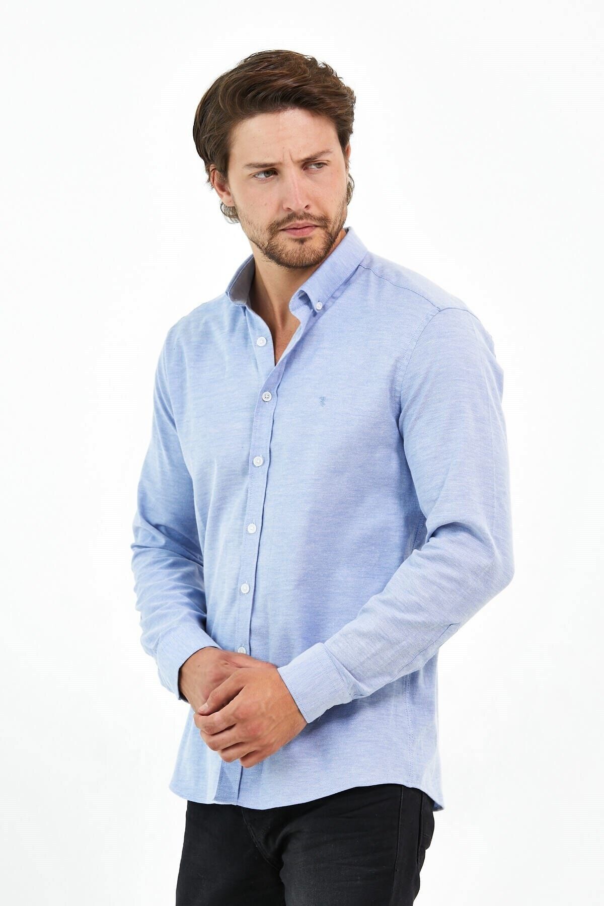 Koyu Mavi Oxford Likra Slim Fit Uzun Kol Gömlek