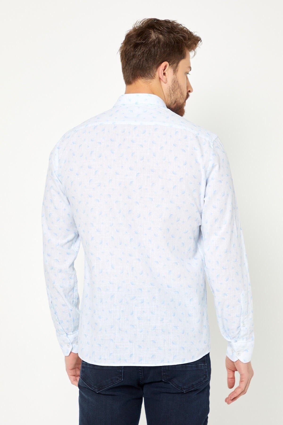 %100 Pamuk Keten Mavi Baskılı Slim Fit Uzun Kol Keten Gömlek