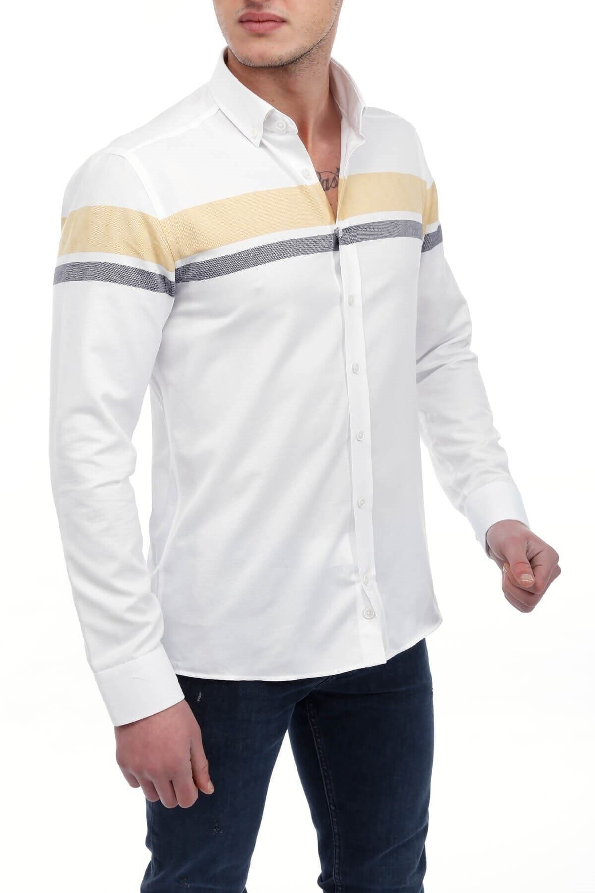 Sarı Panolo Beyaz Slim Fit Gömlek