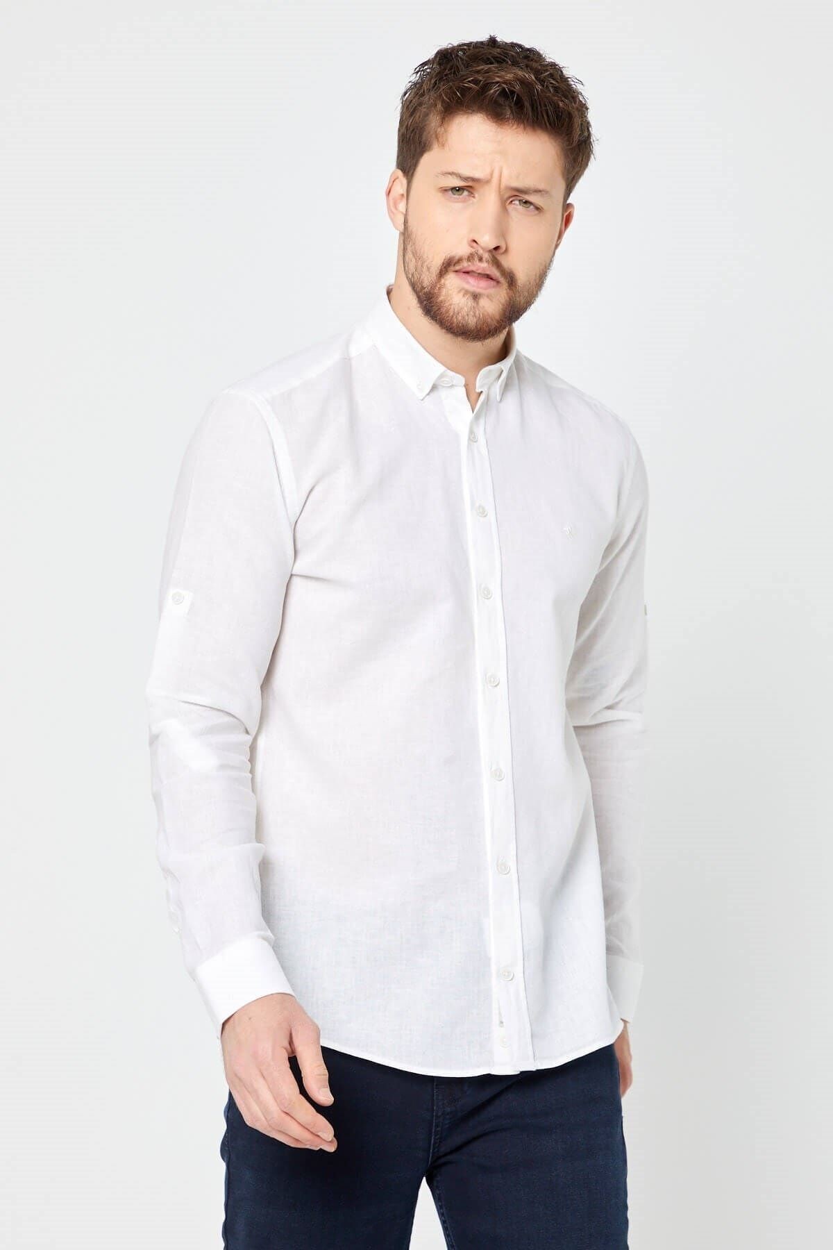 Kırık Beyaz Slim Fit Uzun Kol Keten Gömlek