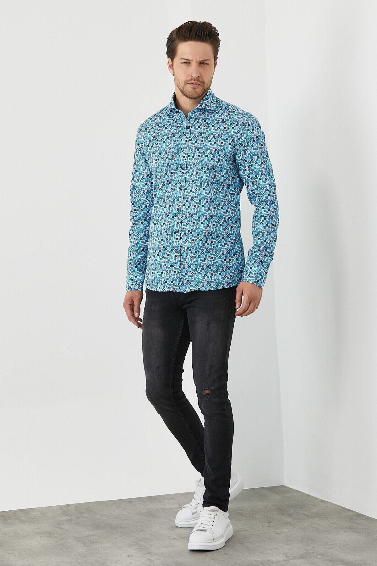 Erkek Pamuklu Dijital Baskı Desenli Dar Kesim Slim Fit Gömlek