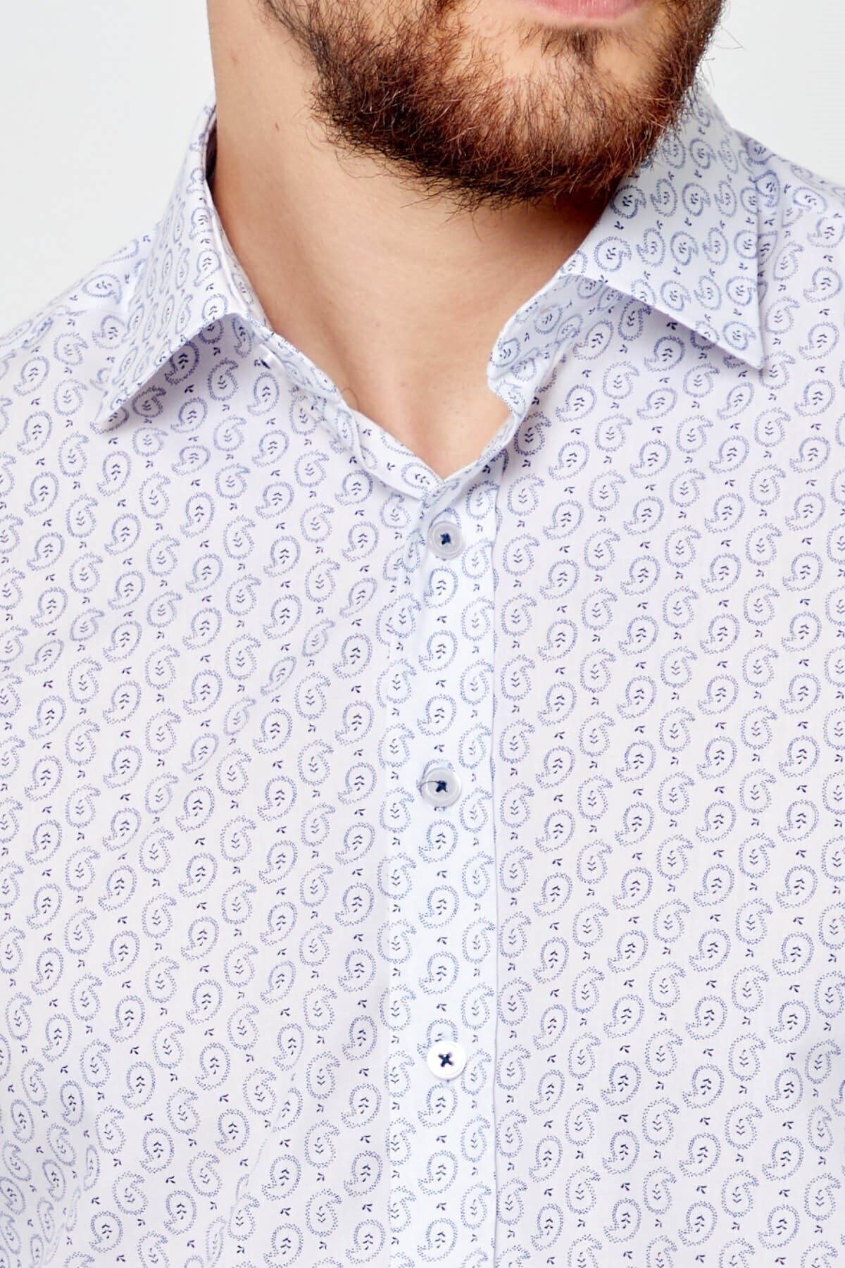 Baskılı Beyaz Slim Fit Uzun Kol Gömlek