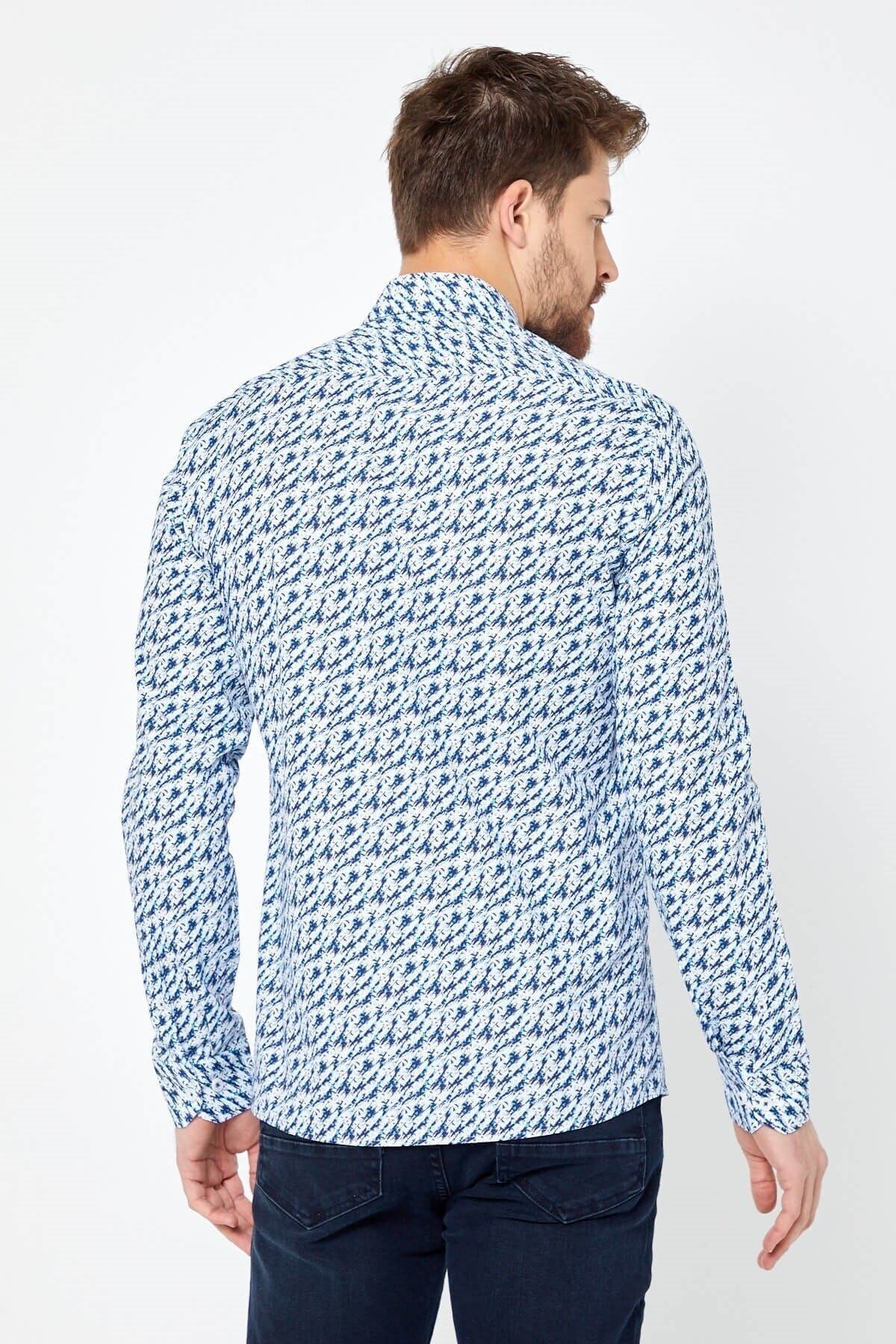 %100 Pamuk Lacivert Baskılı Slim Fit Uzun Kol Gömlek