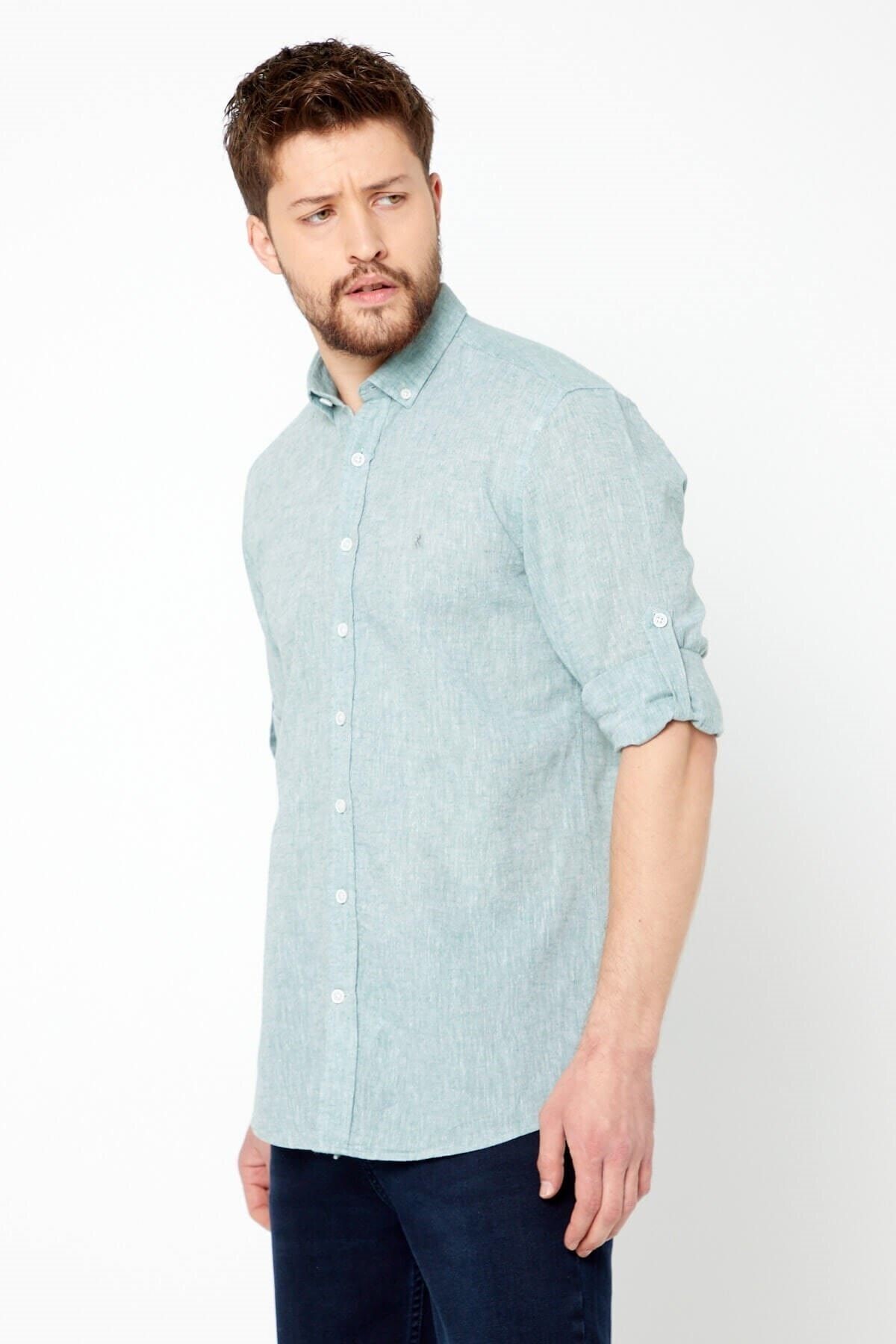 Yeşil Slim Fit Uzun Kol Keten Gömlek