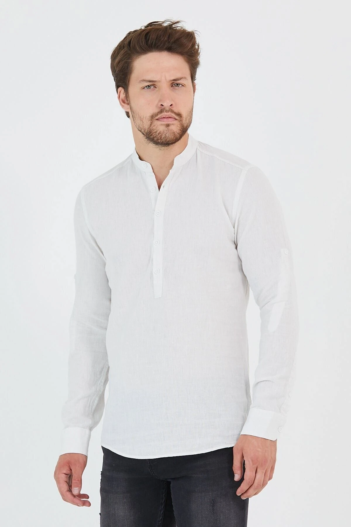 Keten Hakim Yaka Yarım Pat Kırık Beyaz Slim Fit Uzun Kol Gömlek