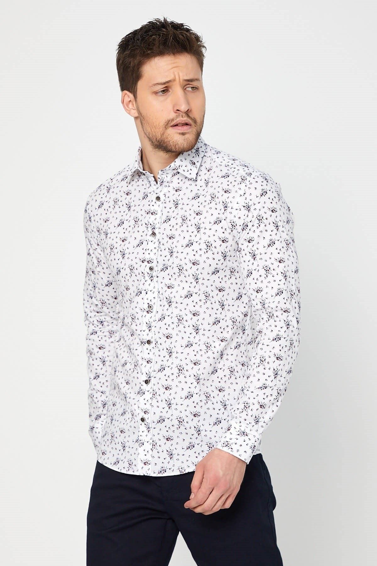 Lacivert Baskılı Beyaz Slim Fit Uzun Kol Gömlek