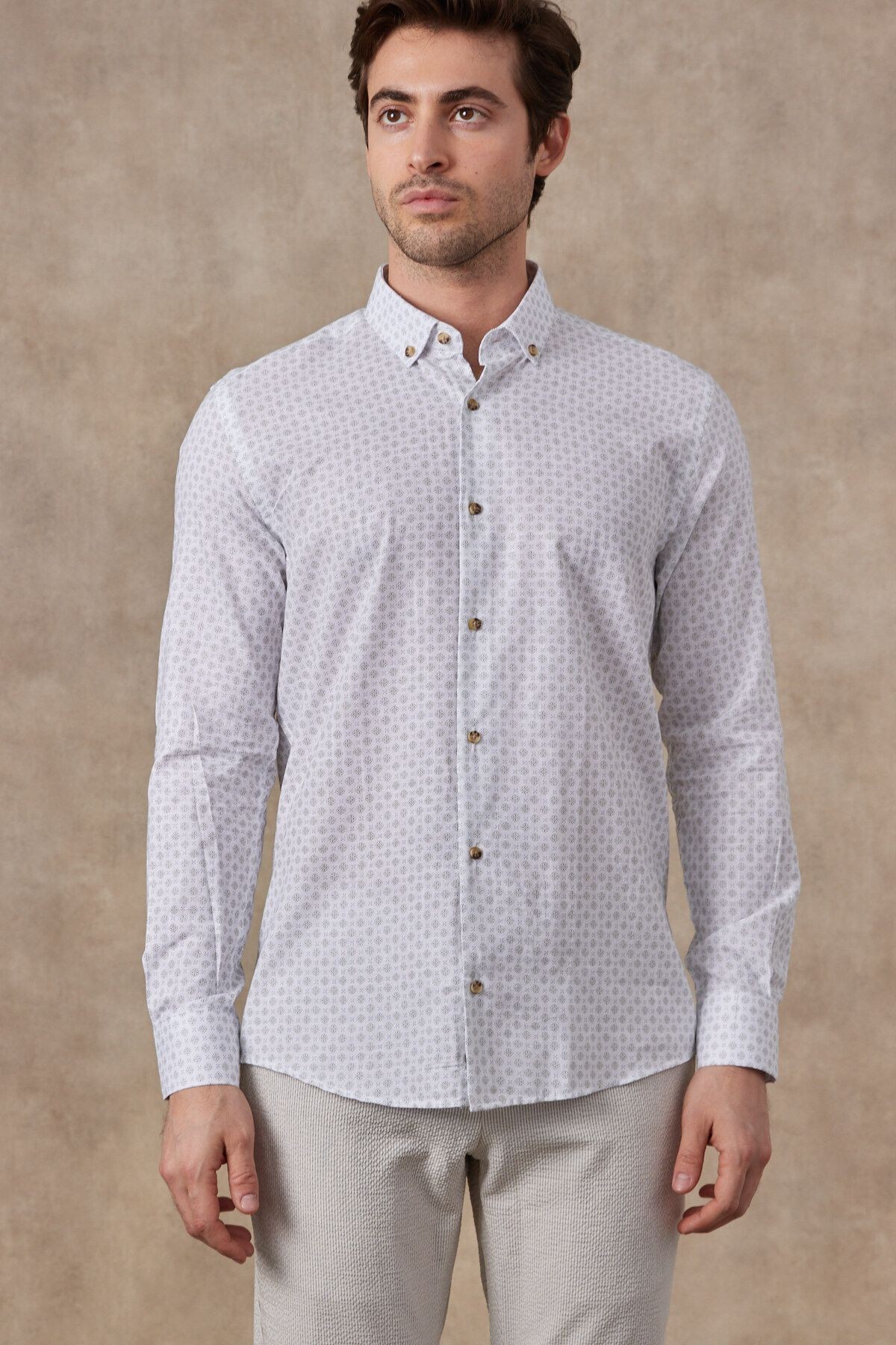 Erkek Baskılı Pamuk Keten Modern Slim Fit Gömlek