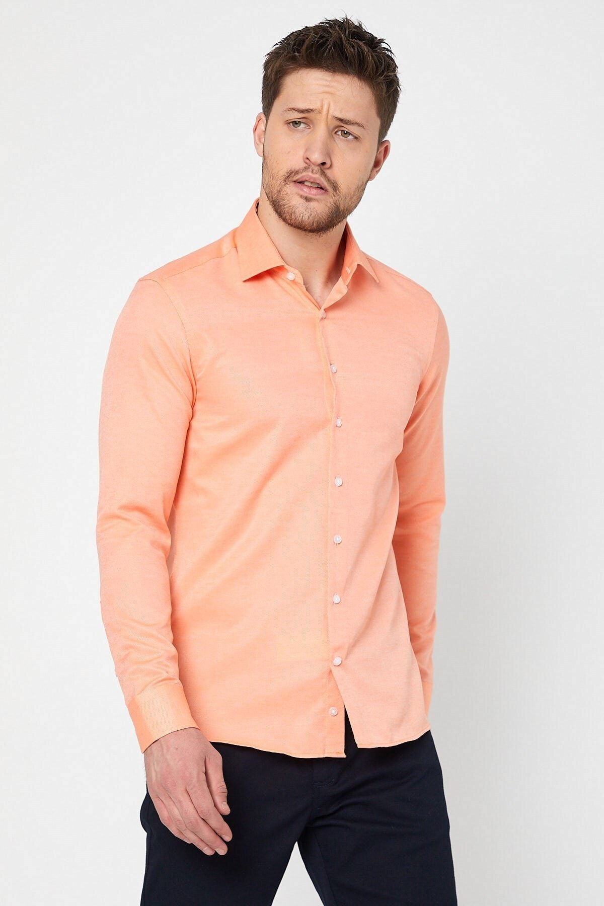 Turuncu Slim Fit Uzun Kol Gömlek
