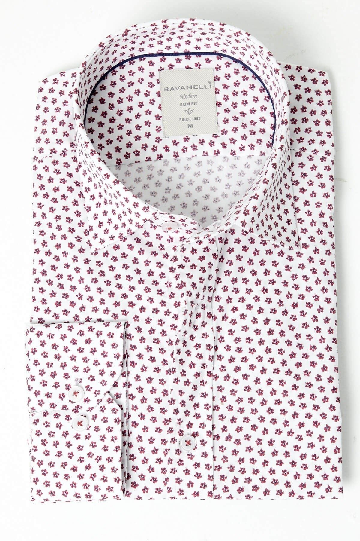 Bordo Çiçek Baskılı Beyaz Slim Fit Uzun Kol Gömlek