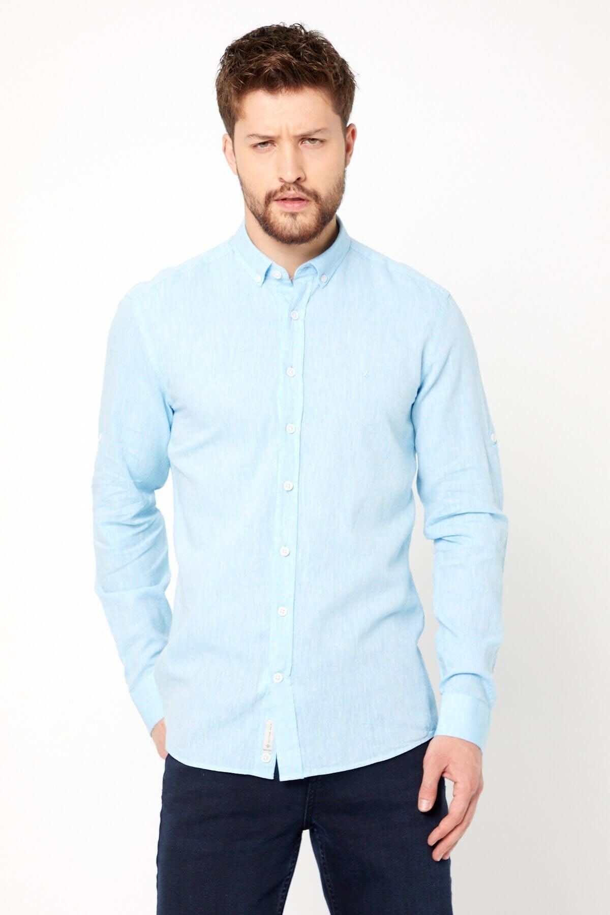 Turkuaz Slim Fit Uzun Kol Keten Gömlek