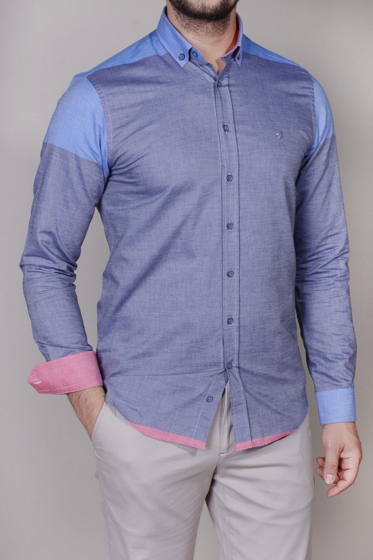 Erkek Mavi Slim Fit Panolu Gömlek