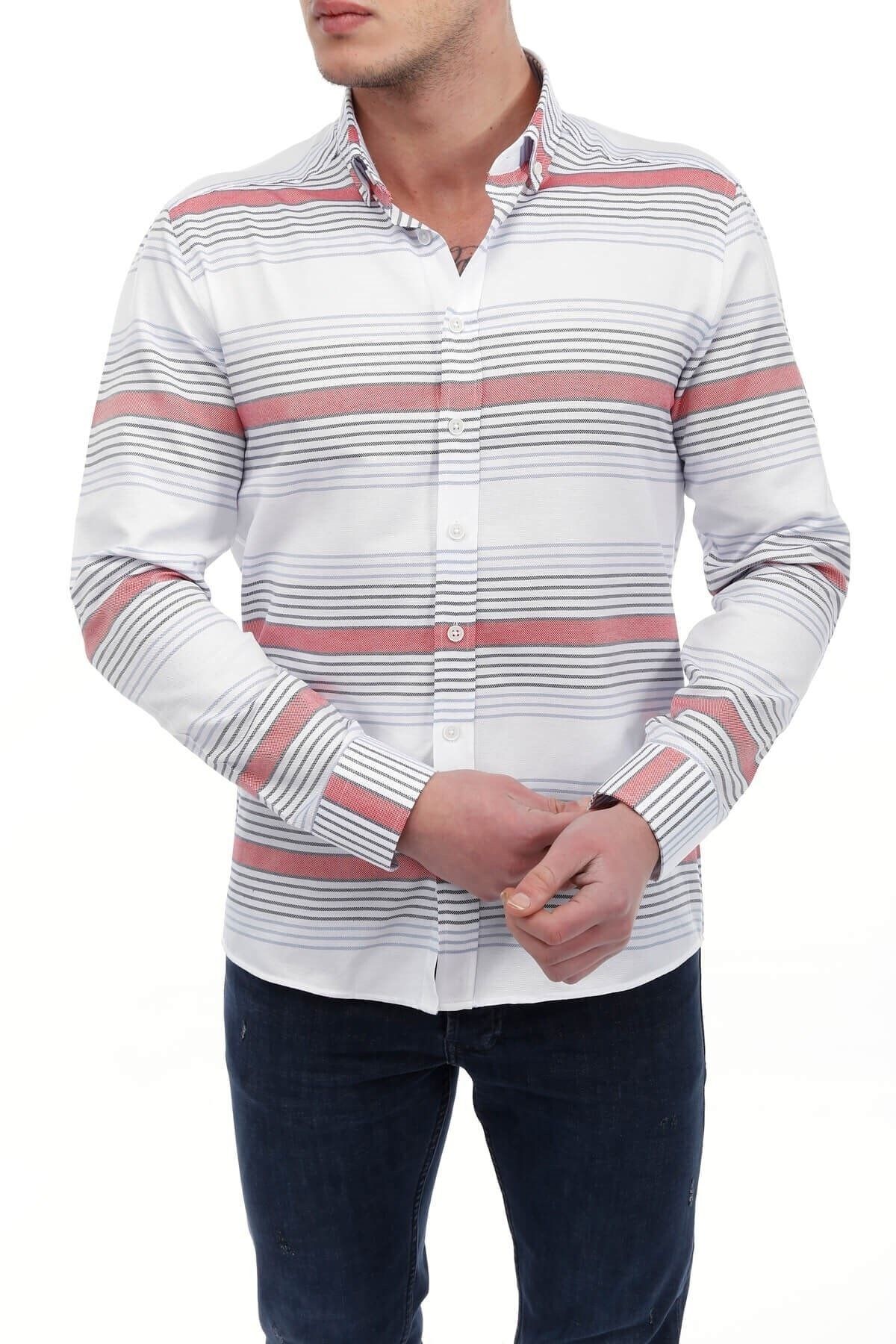 Kırmızı Panolu Beyaz Slim Fit Gömlek