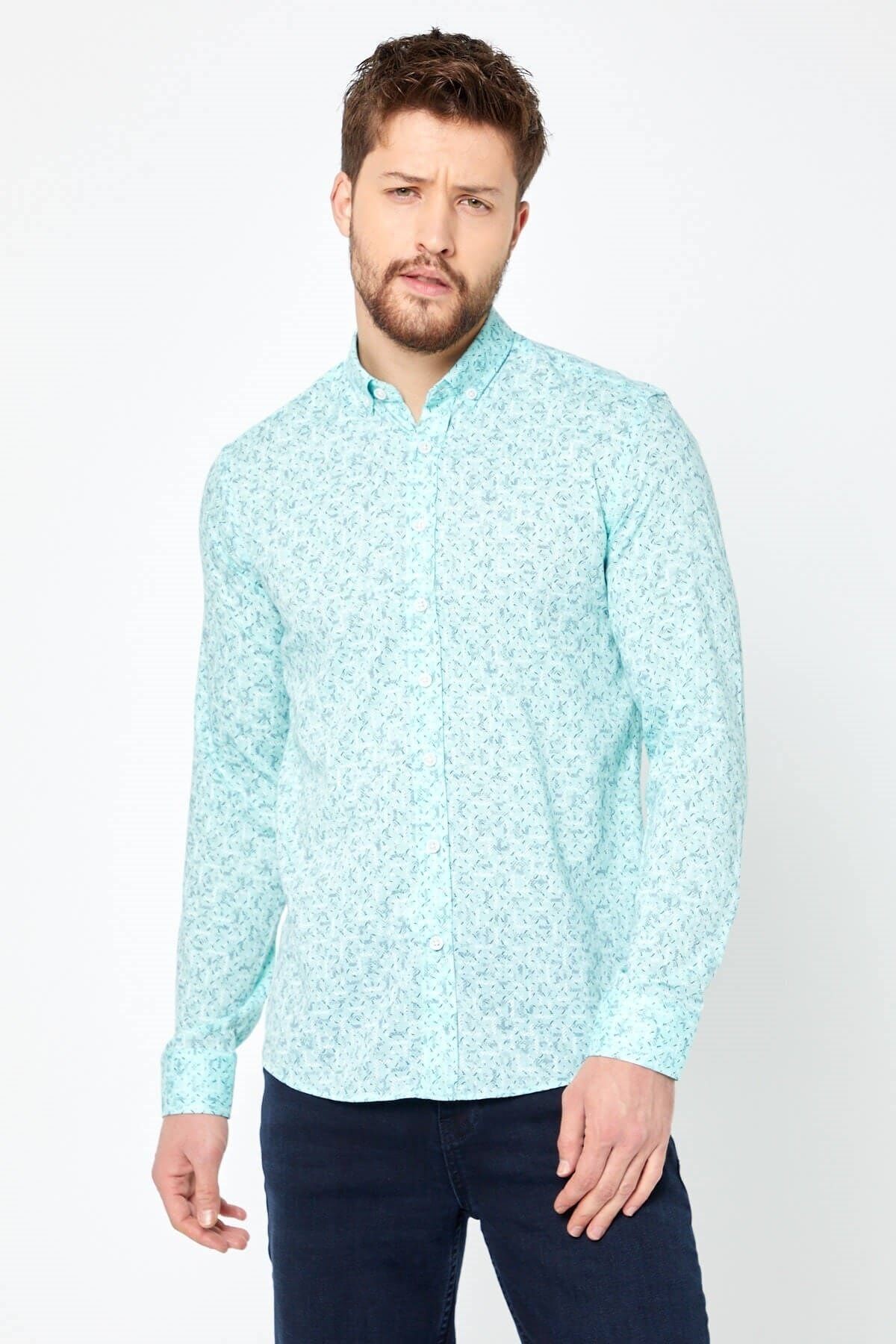 Pamuk Keten Baskılı Yeşil Slim Fit Uzun Kol Gömlek