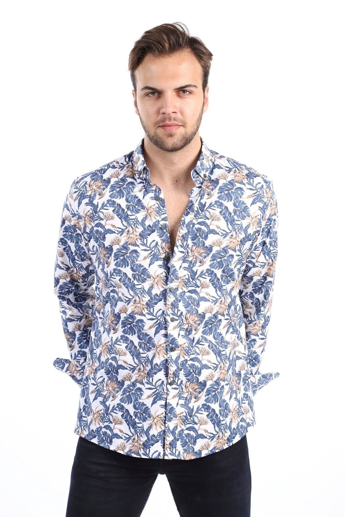 Baskılı Beyaz Slim Fit Likralı Gömlek