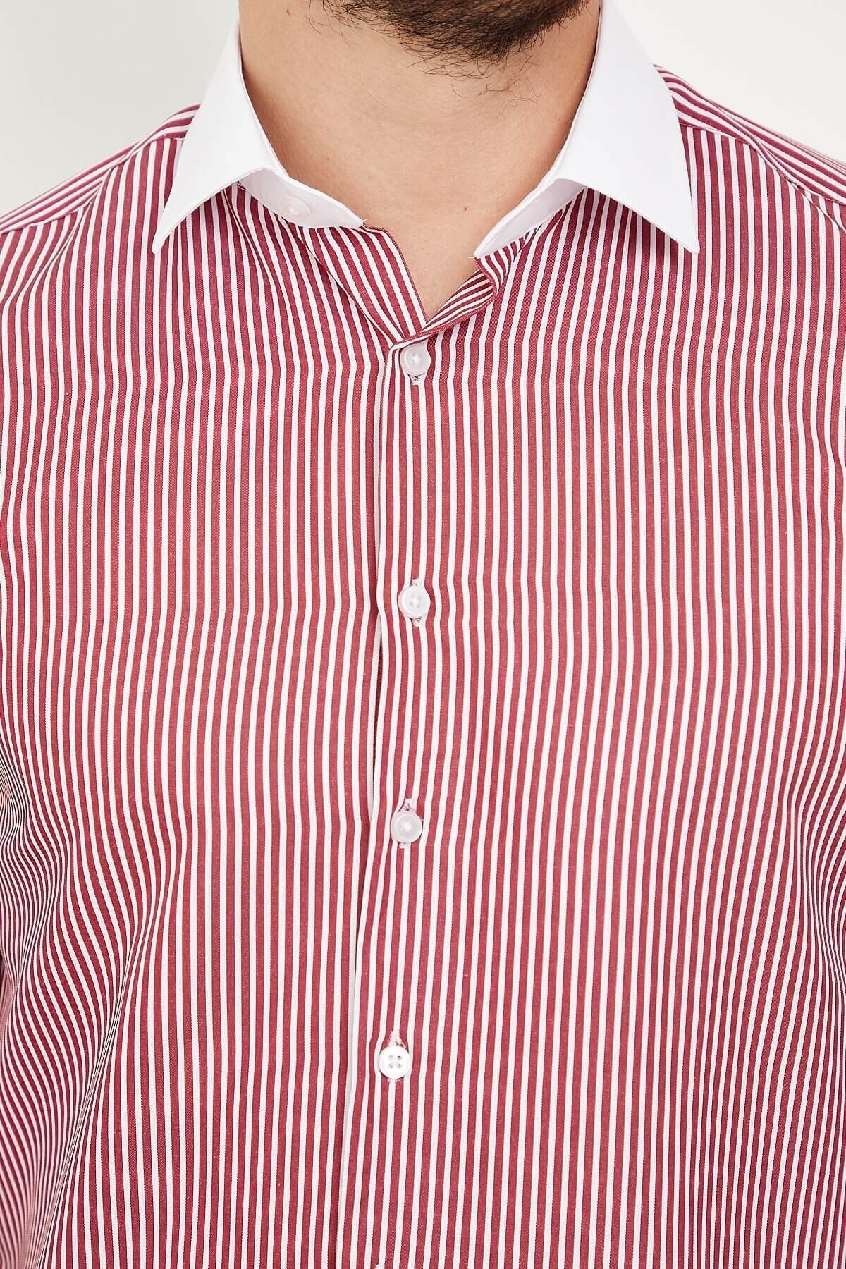 Beyaz Yakalı Bordo Beyaz Çizgili Slim Fit Uzun Kol Gömlek