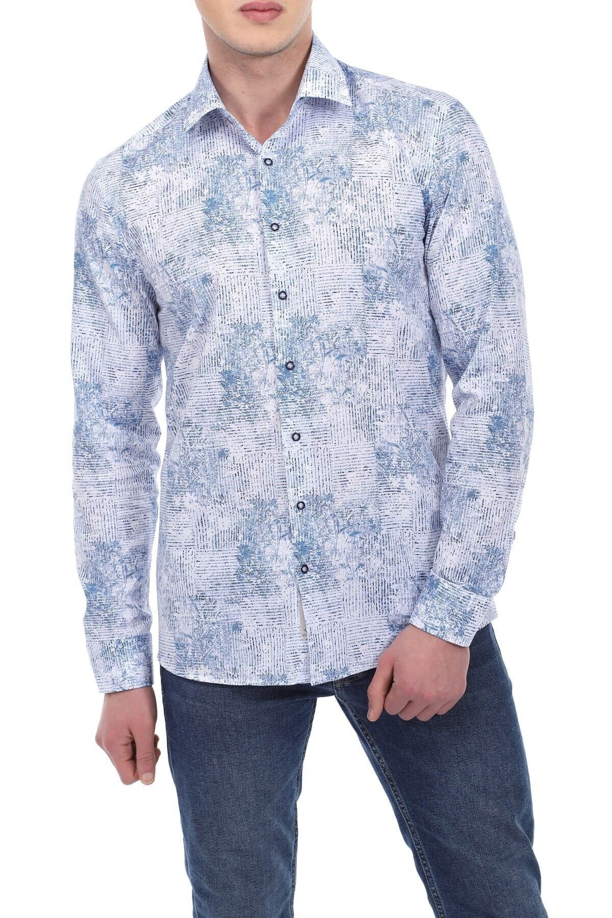 Baskılı Beyaz Slim Fit Gömlek