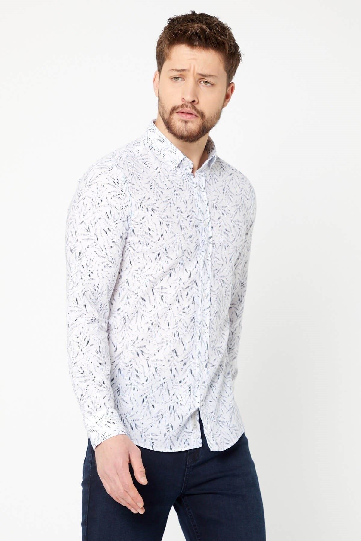 Pamuk Keten Baskılı Beyaz Slim Fit Uzun Kol Gömlek