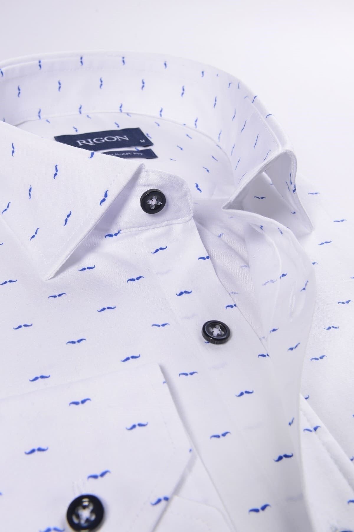 Lacivert Baskılı Beyaz Slim Fit Gömlek
