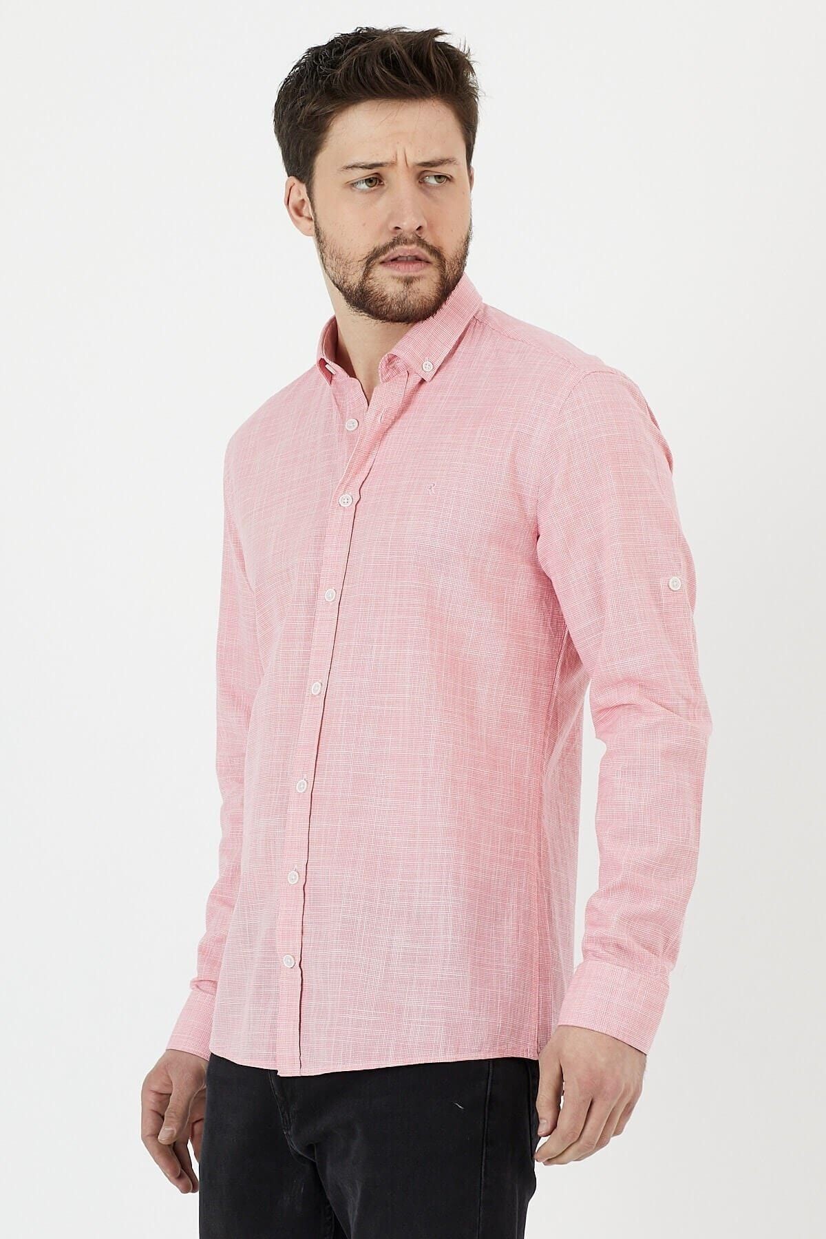 Pembe %100 Pamuk Slim Fit Uzun Kol Keten Gömlek