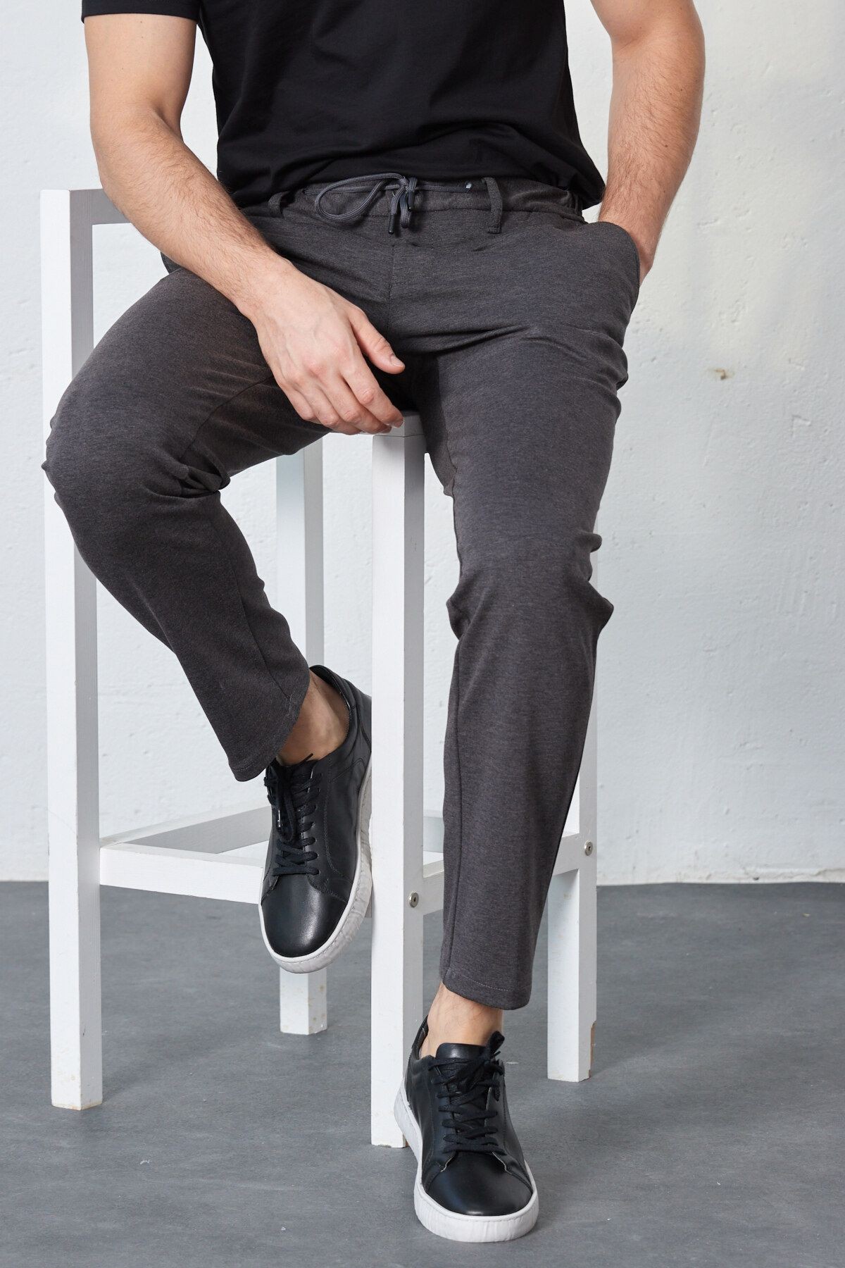 Erkek Gri Beli Lastikli Bağcıklı Örme Likralı Esnek Modern Slim Fit Jogger Pantolon