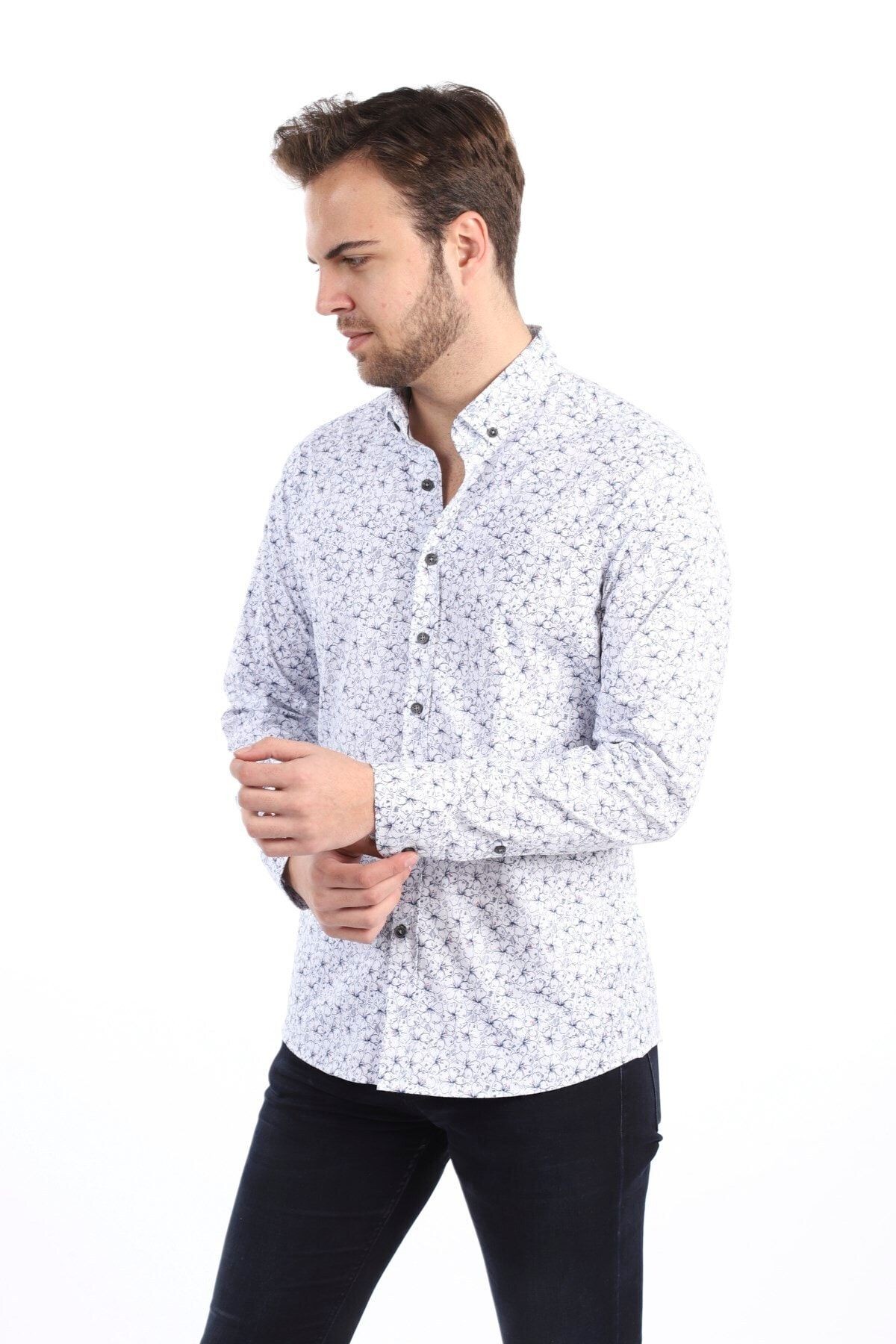 Baskılı Beyaz Slim Fit Likralı Gömlek
