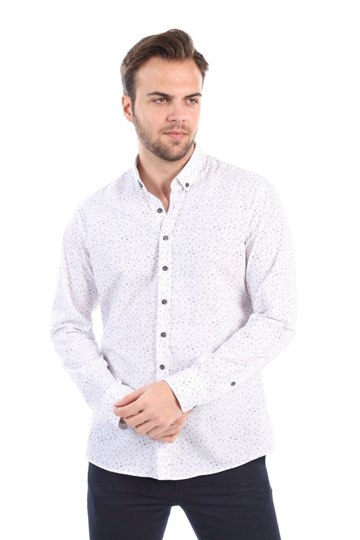 Baskılı Beyaz Slim Fit Gömlek
