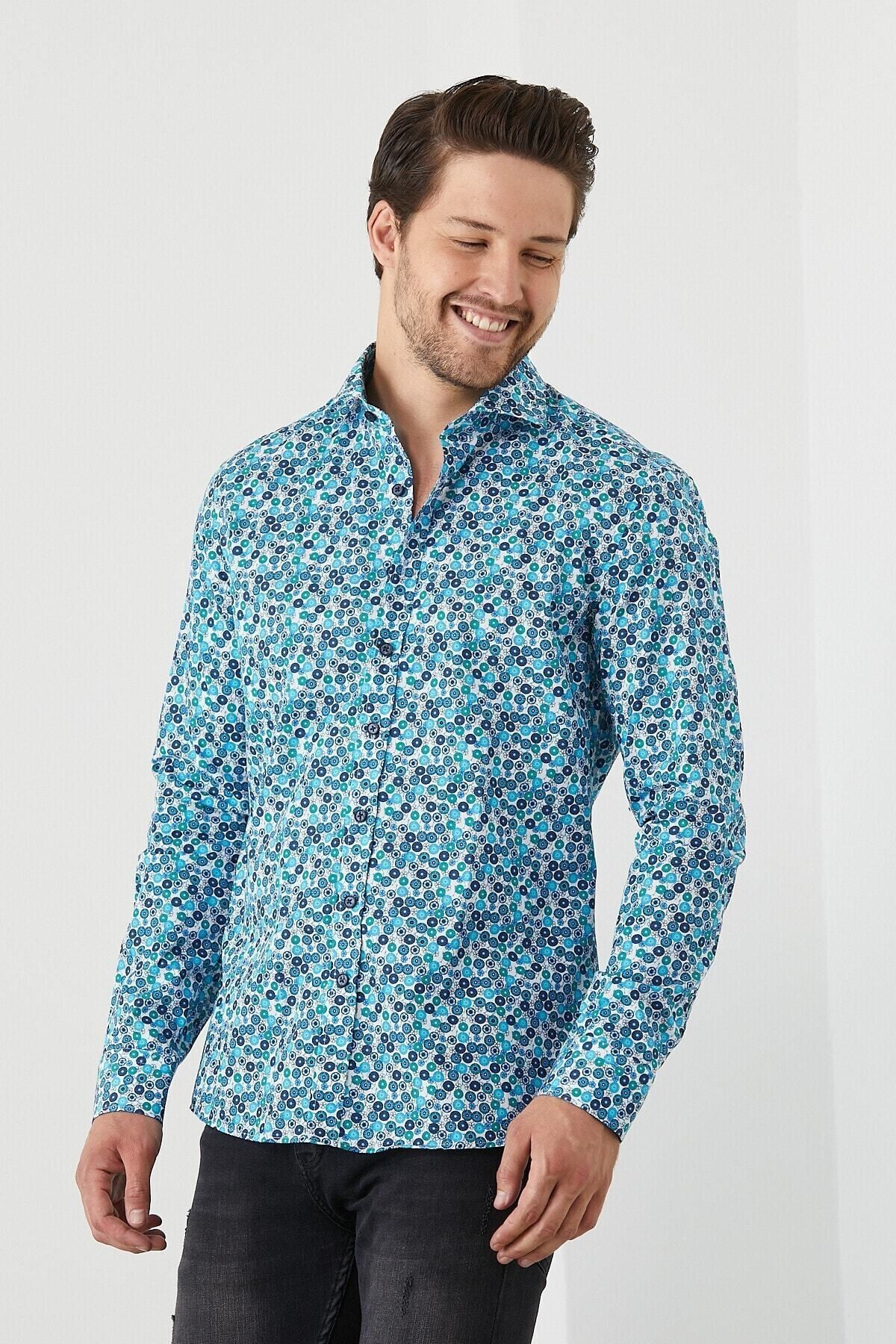 Erkek Pamuklu Dijital Baskı Desenli Dar Kesim Slim Fit Gömlek