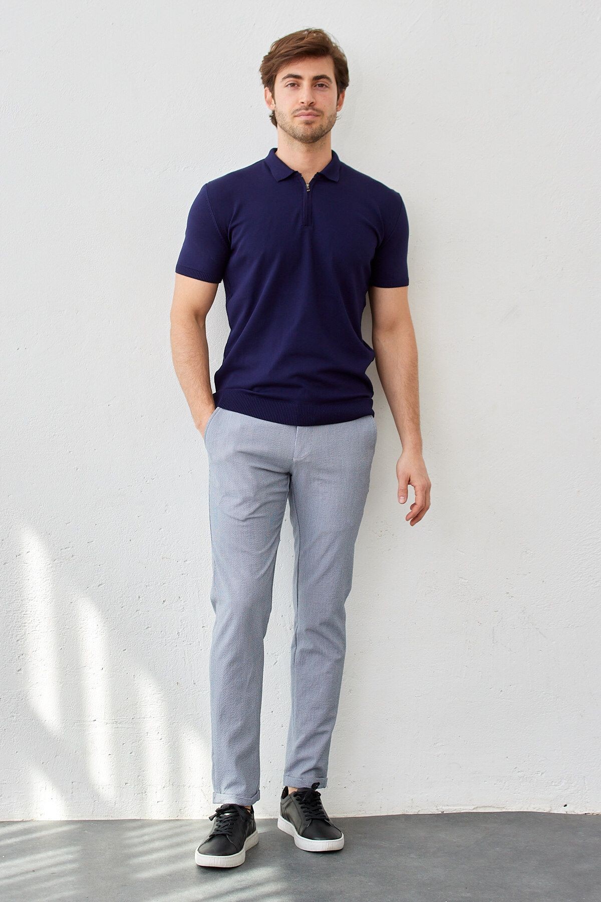 Erkek Beli Lastikli Bağcıklı İnce Çizgili Gofre Dokuma Likralı Esnek Modern Slim Fit Jogger Pantolon