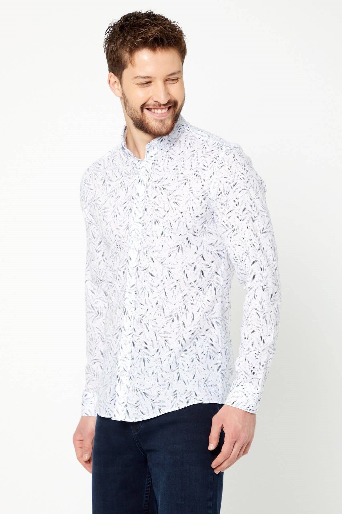Pamuk Keten Baskılı Beyaz Slim Fit Uzun Kol Gömlek