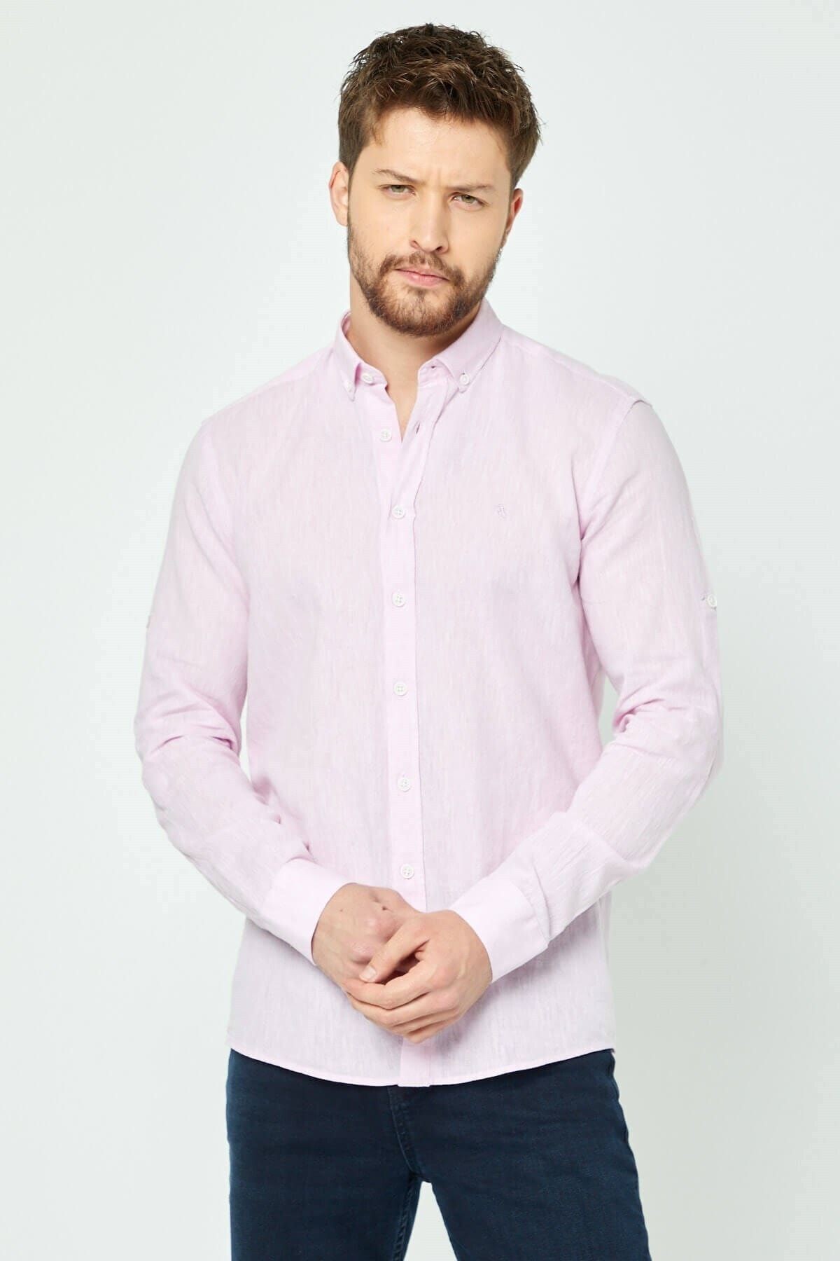 Pembe Slim Fit Uzun Kol Keten Gömlek
